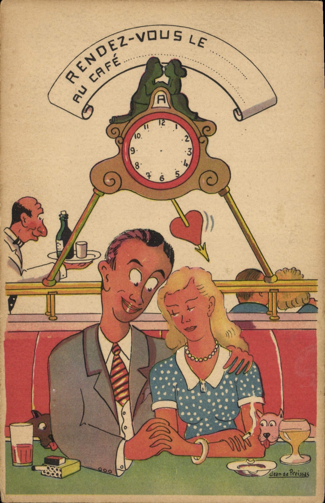 VINTAGE POSTCARD Couple Coffee Illustrator Jean de Preissac Cigarette Tobacco