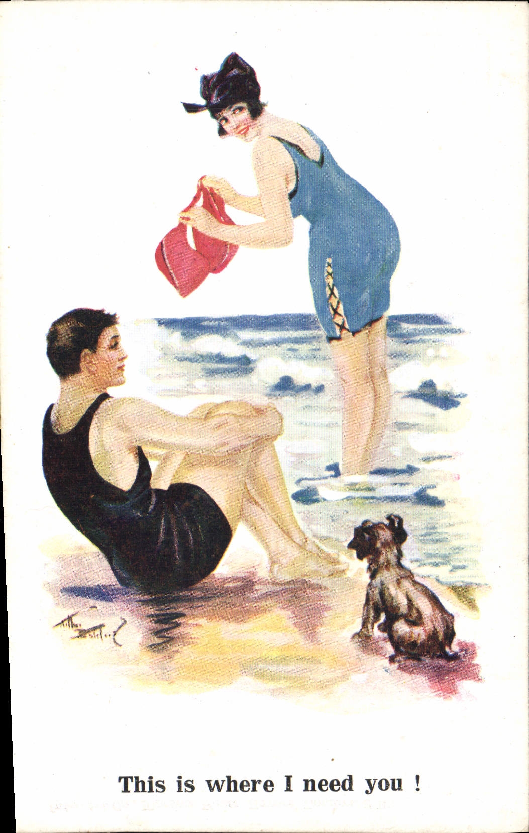 VINTAGE POSTCARD Illustrator Woman Bathing suit Dog