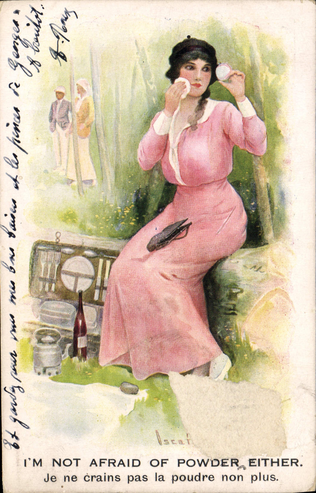 VINTAGE POSTCARD Illustrator Woman I' m foot-note friad off powder