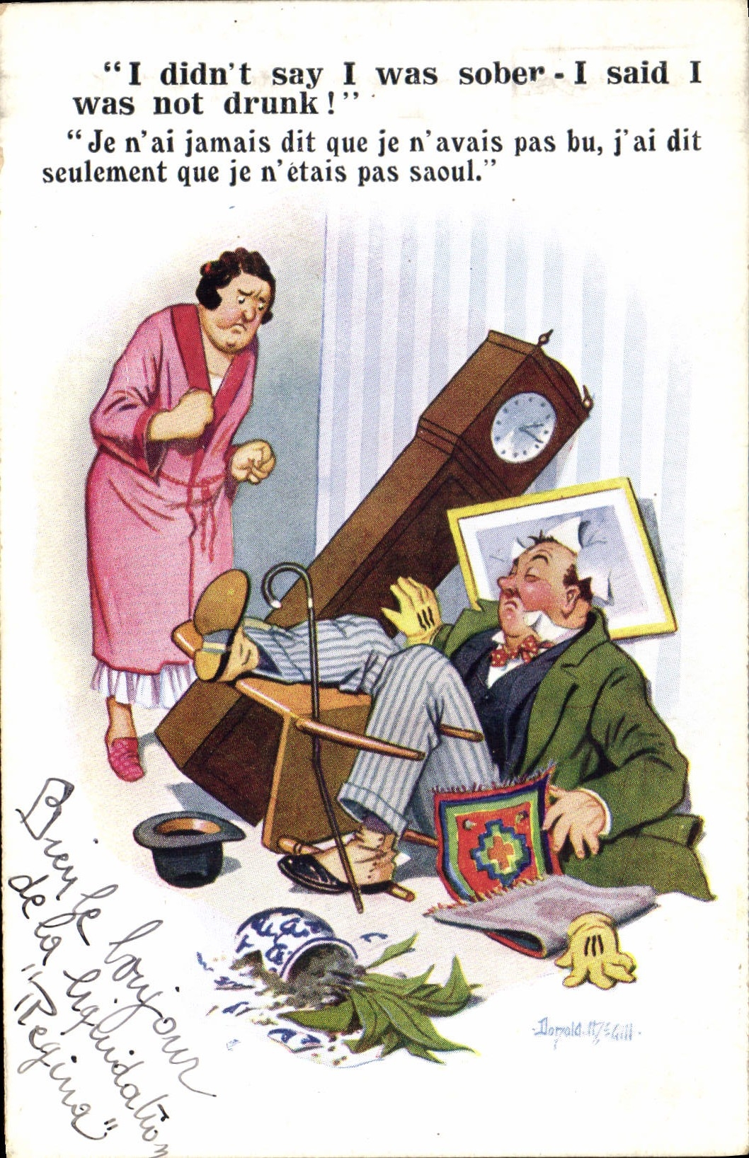 VINTAGE POSTCARD Illustrator Donald McGill Clock