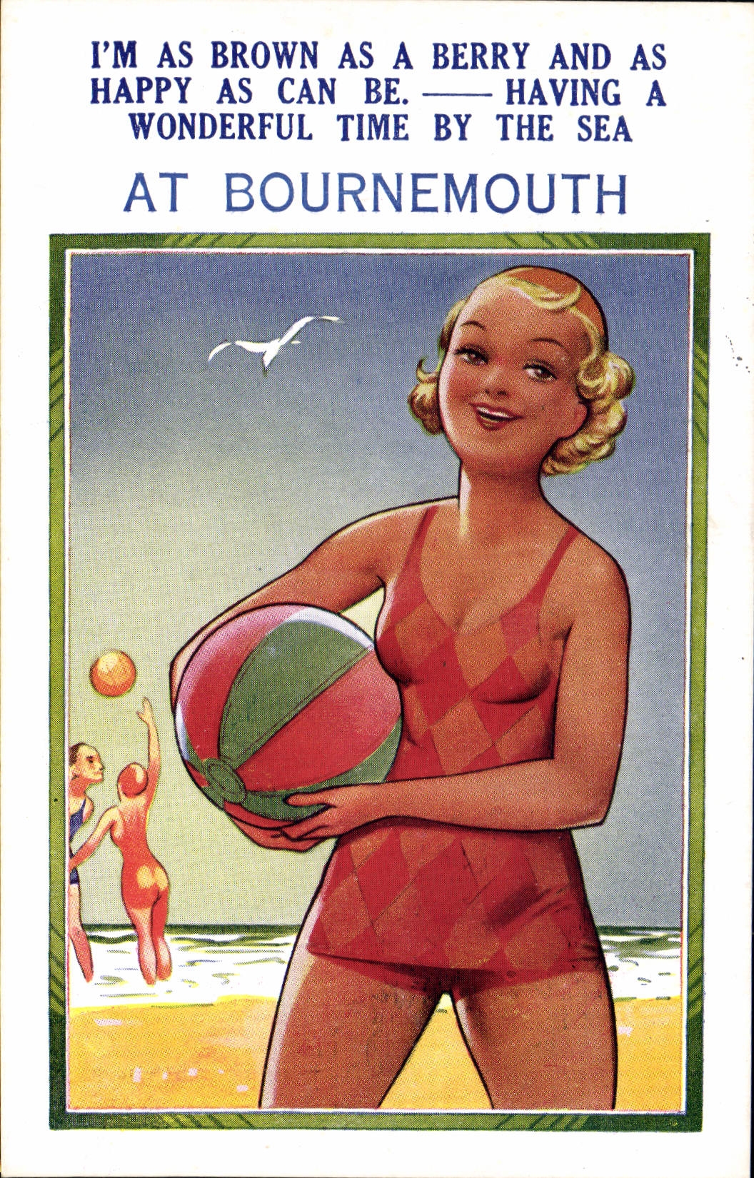 VINTAGE POSTCARD Illustrator Woman Bournemouth Beach