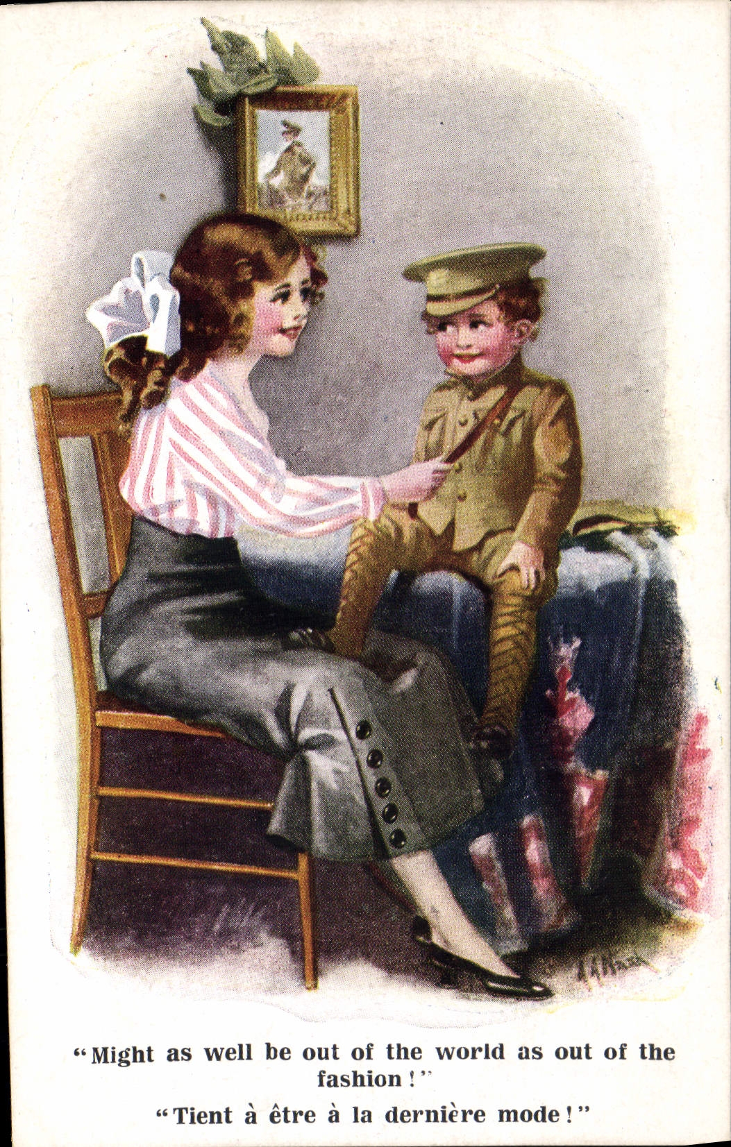 CPA Illustrateur Femme Enfant Soldat Militaria