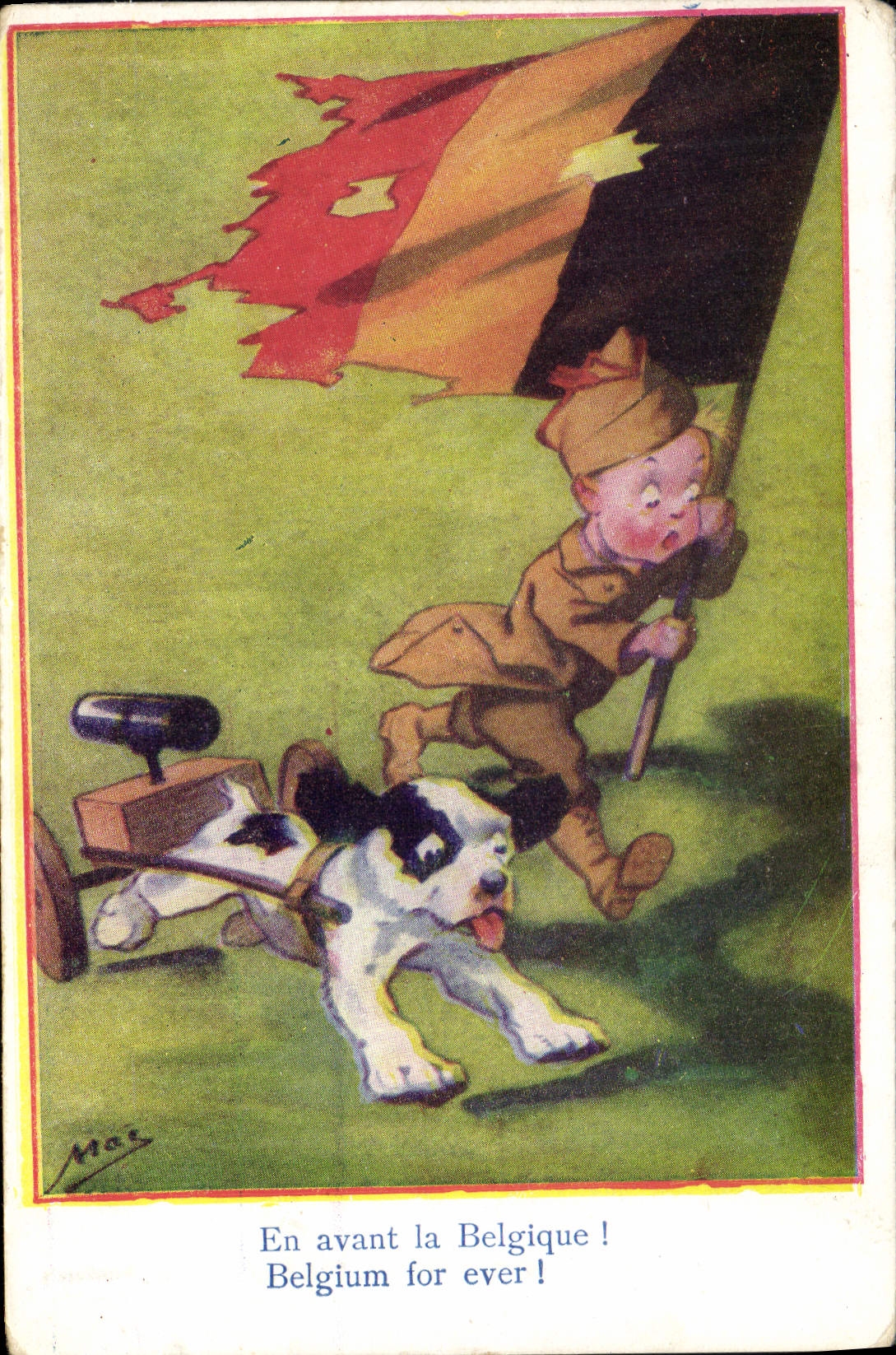 CPA Illustrateur Enfant Militaria Chien En avant la Belgique