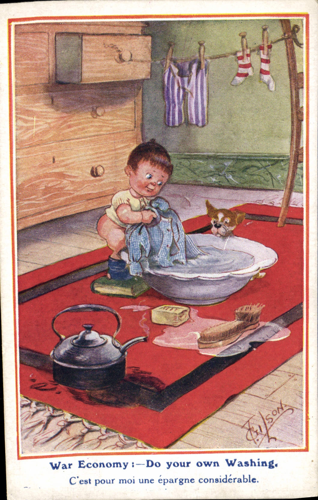 CPA Illustrateur Enfant Bain Chien Gilson