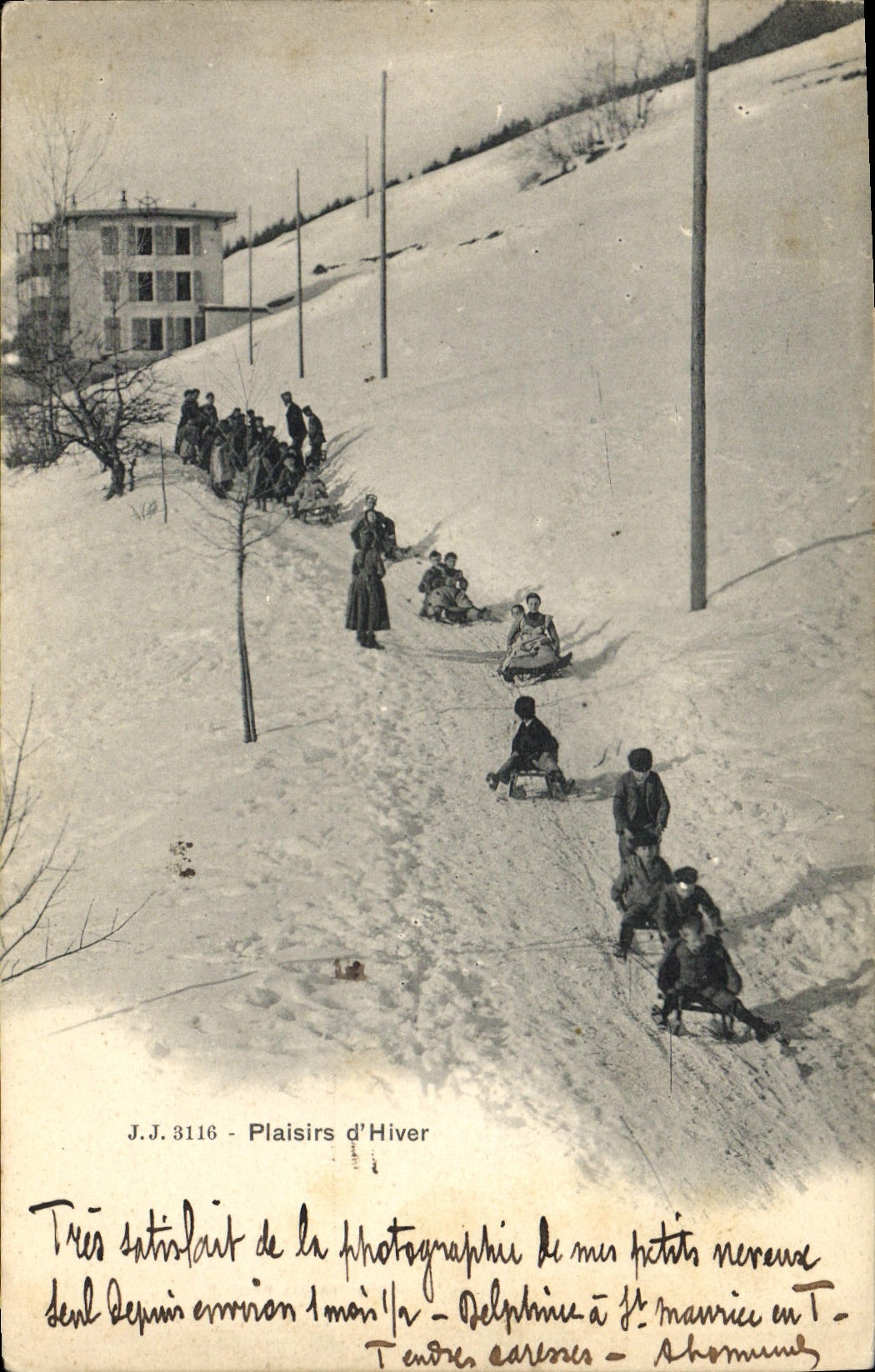 VINTAGE POSTCARD Winter sports Ski Pleasures of winter Toboggan