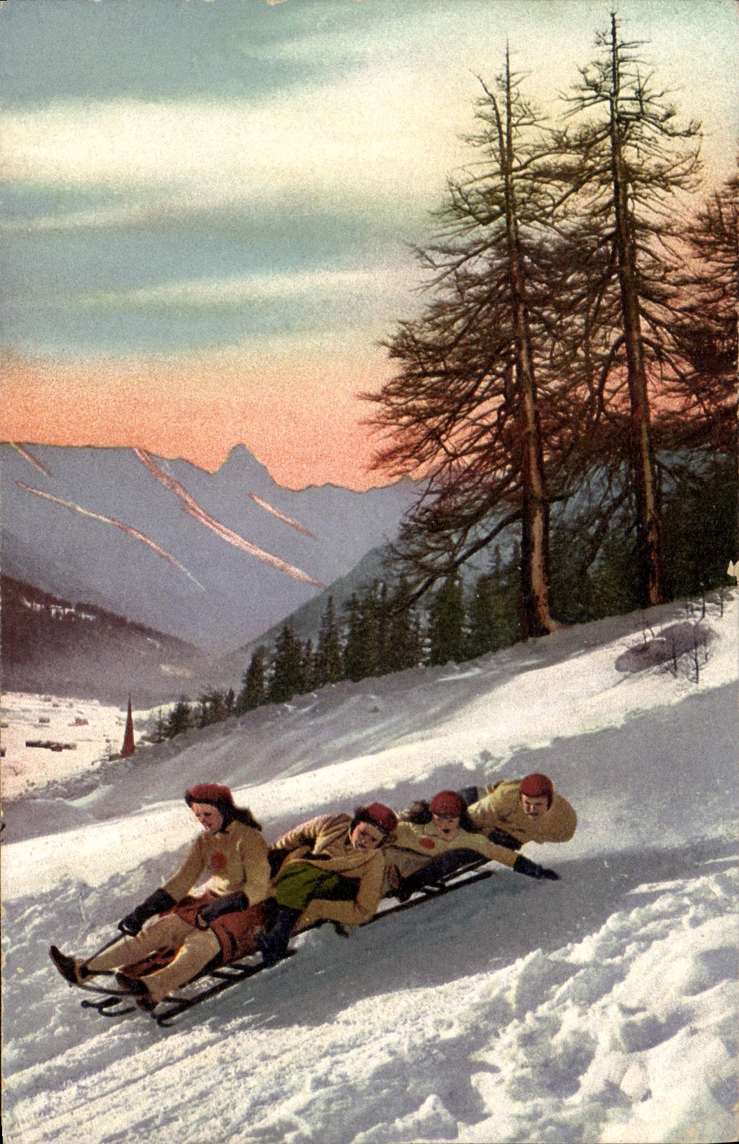 Mujeres del esquí de los deportes de invierno de la POSTAL de la VENDIMIA fuera del trineo largo