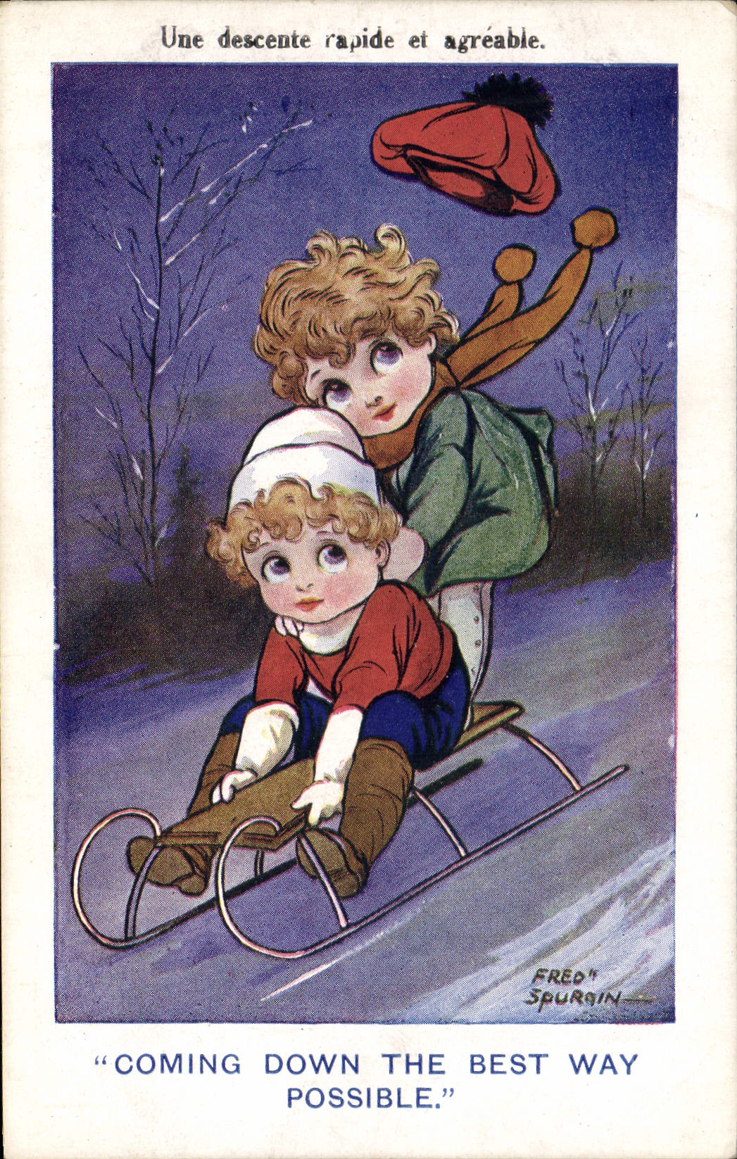 VINTAGE POSTCARD Winter sports Ski Children Toboggan Fred Spurgin