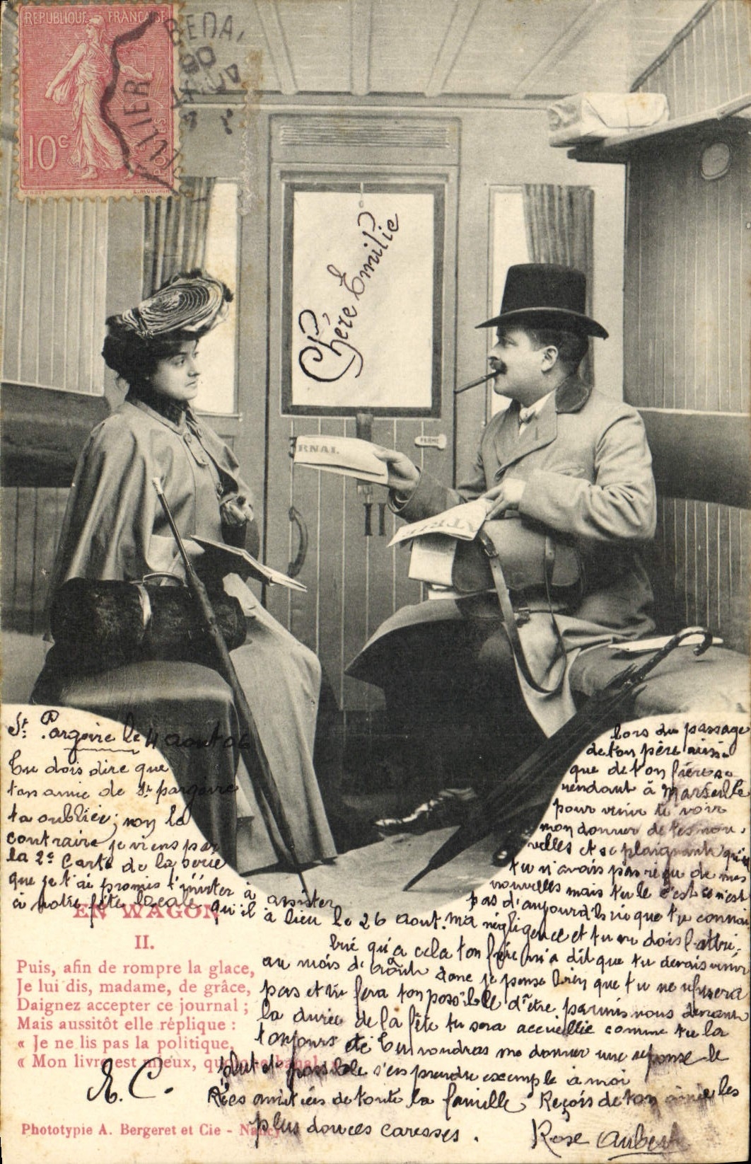 VINTAGE POSTCARD Train Woman In the coach