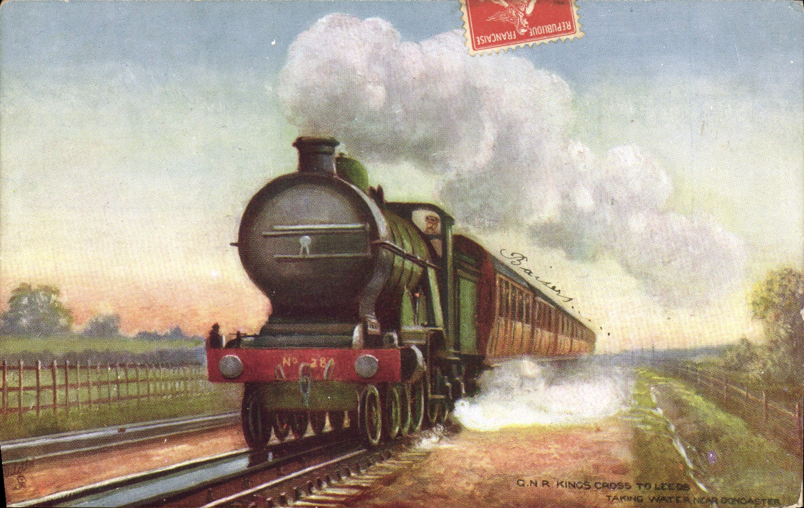 VINTAGE POSTCARD Train Engine QNR Kings Cross-country race to Leeds Taking toilets near Concaster