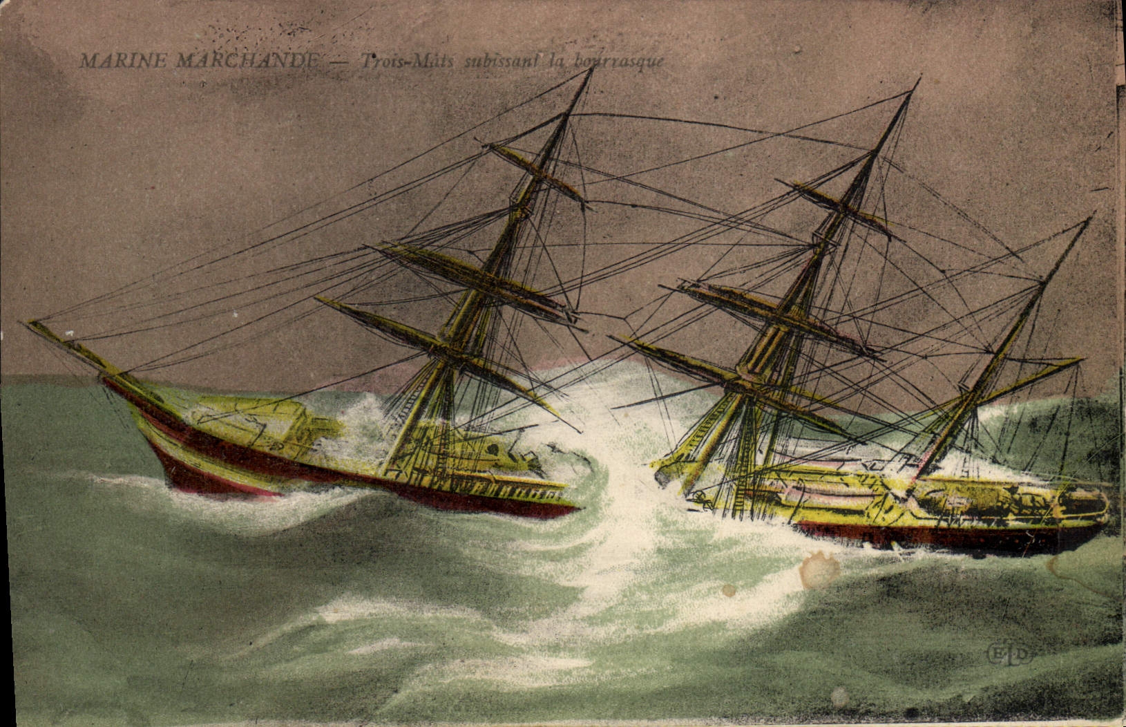 VINTAGE POSTCARD Boat Merchant navy Three chechmates undergoing the gust of wind