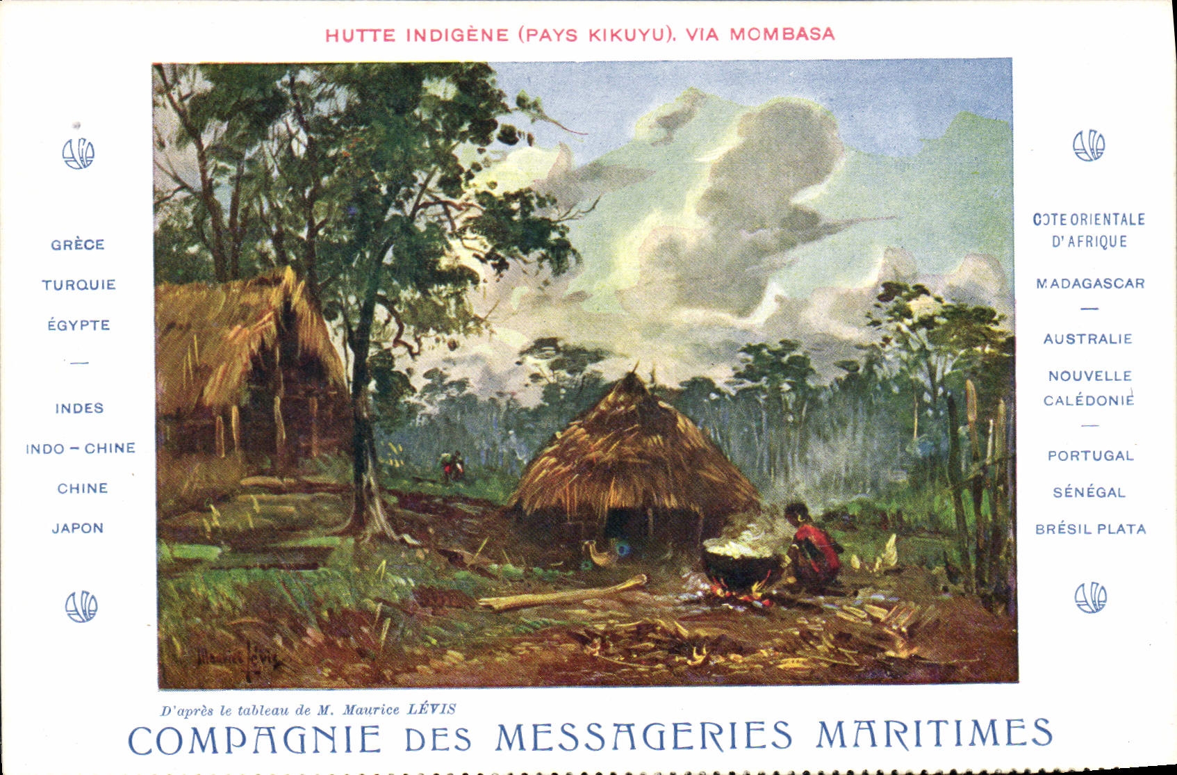 VINTAGE POSTCARD Boat Company of the Maritime Transport indigenous Hut Kikuyu Country via Mombasa
