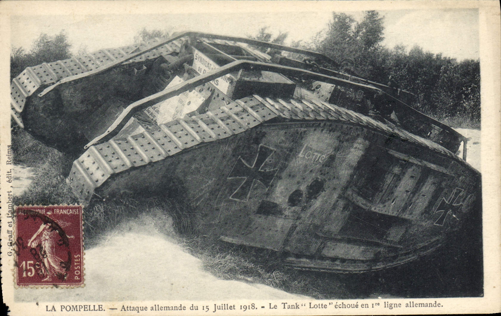 El alemán de Pompelle Attaque del tanque de Militaria de la POSTAL de la VENDIMIA Lotte del 15 de julio de 1918 falla en la 1ra línea