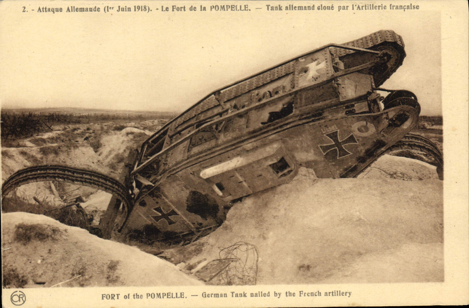 El tanque de Militaria de la POSTAL de la VENDIMIA ataca alemán el fuerte de Pompelle