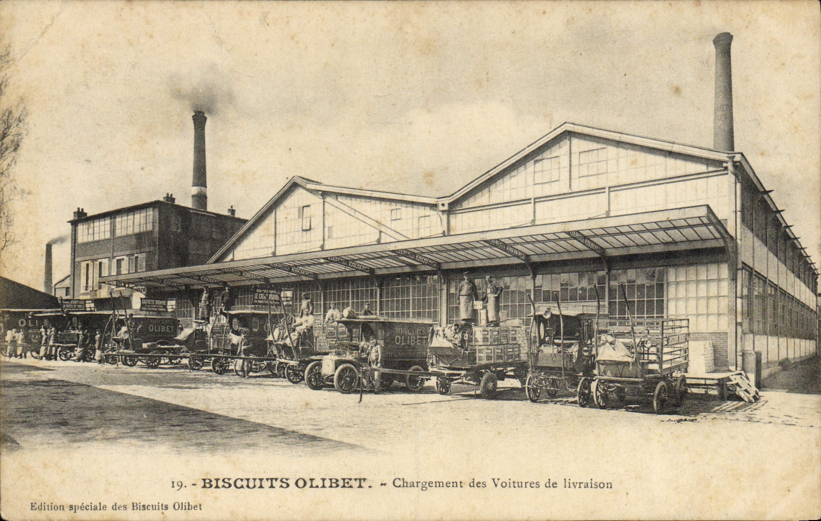 CPA Biscuits Olibet Chargement des voitures de livraison