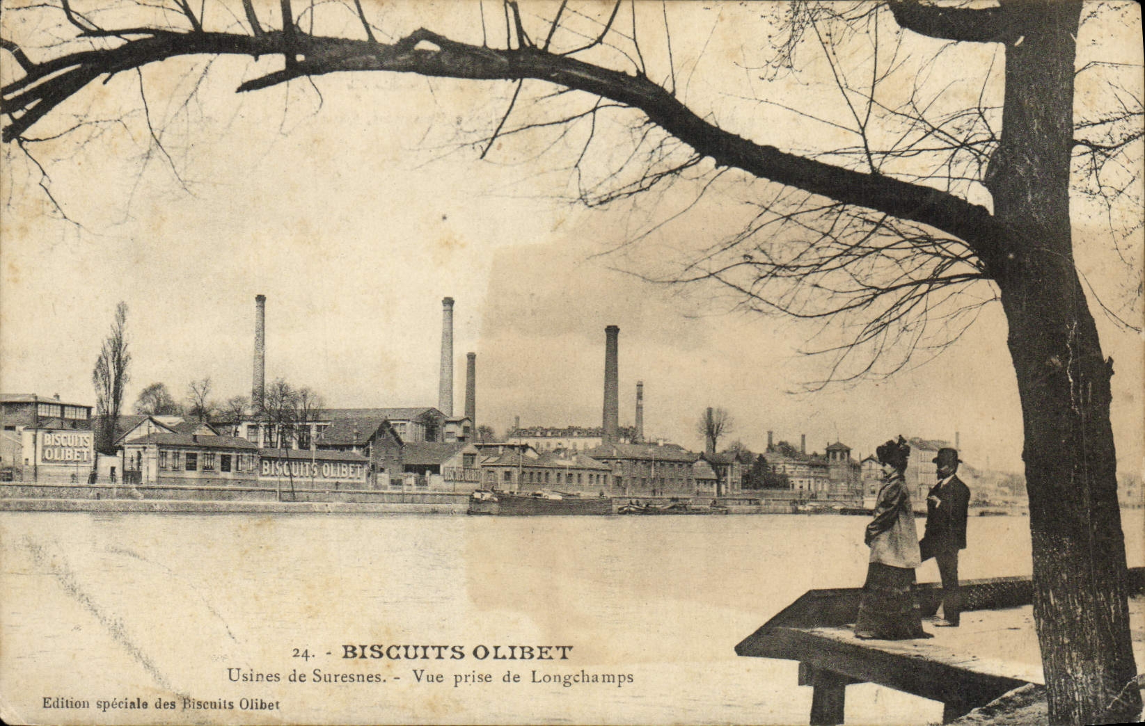 CPA Biscuits Olibet Usines de Suresnes Vue prise de Longchamps