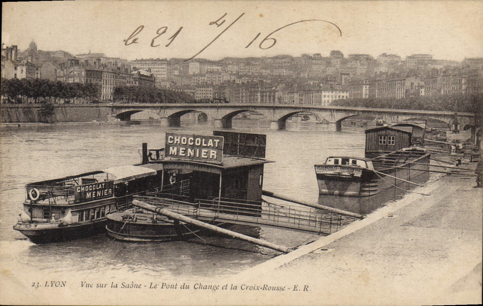 VINTAGE POSTCARD Lyon Seen on the Saone the bridge with the exchange and the Russet-red Cross Menier Chocolate