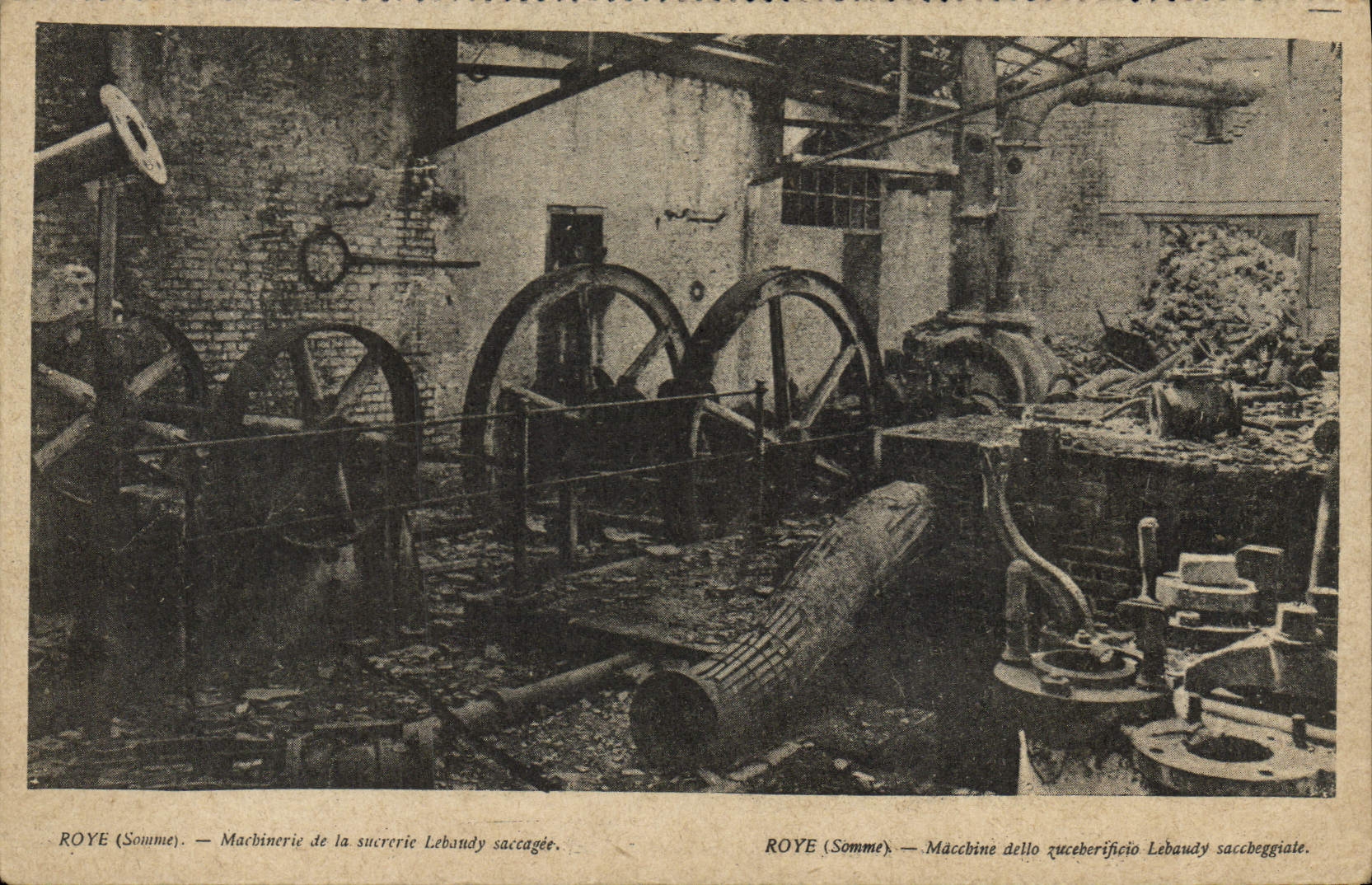 VINTAGE POSTCARD Roye Summons Machinery of the sugar refinery Lebandy saccagee