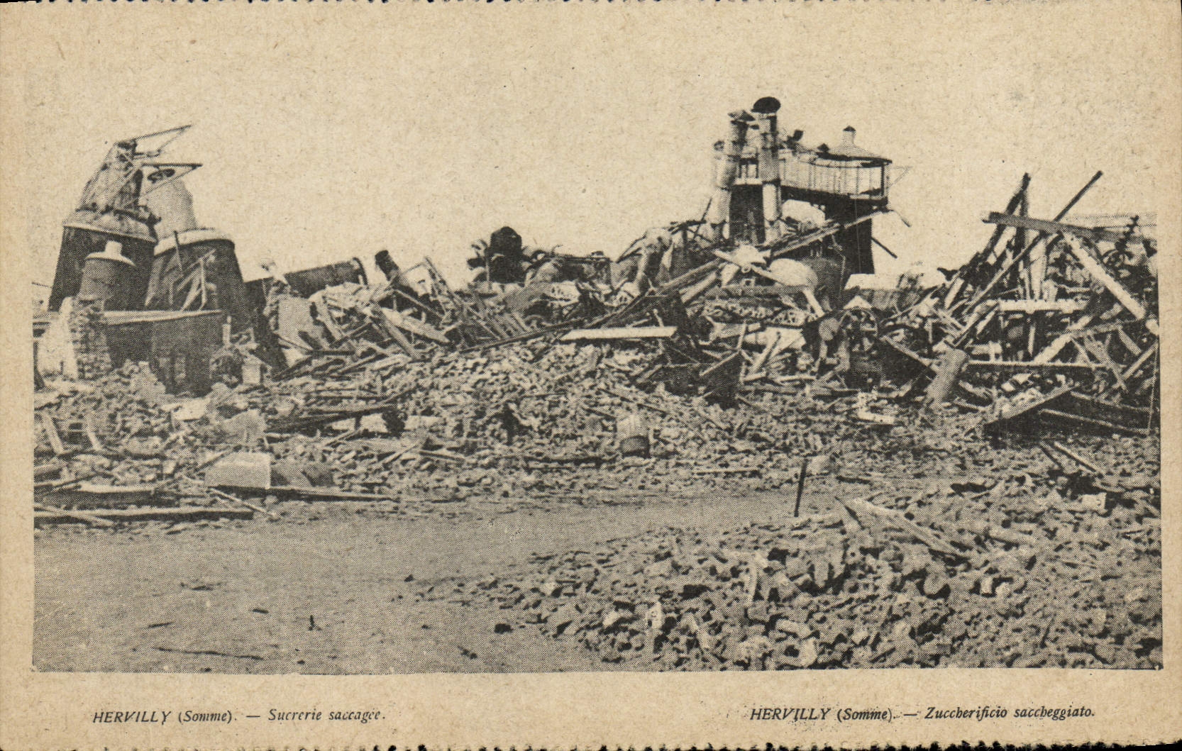 VINTAGE POSTCARD Hervilly sugar refinery saccagee