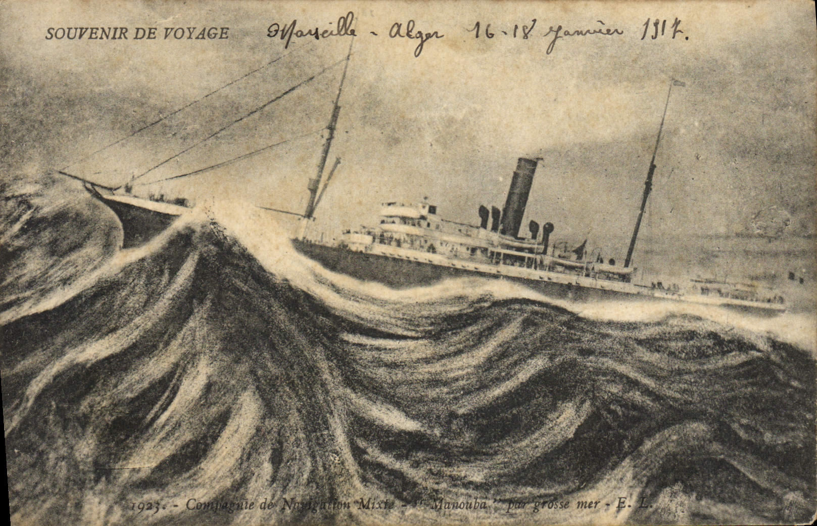 VINTAGE POSTCARD Boat Travel souvenir Marseilles Algiers