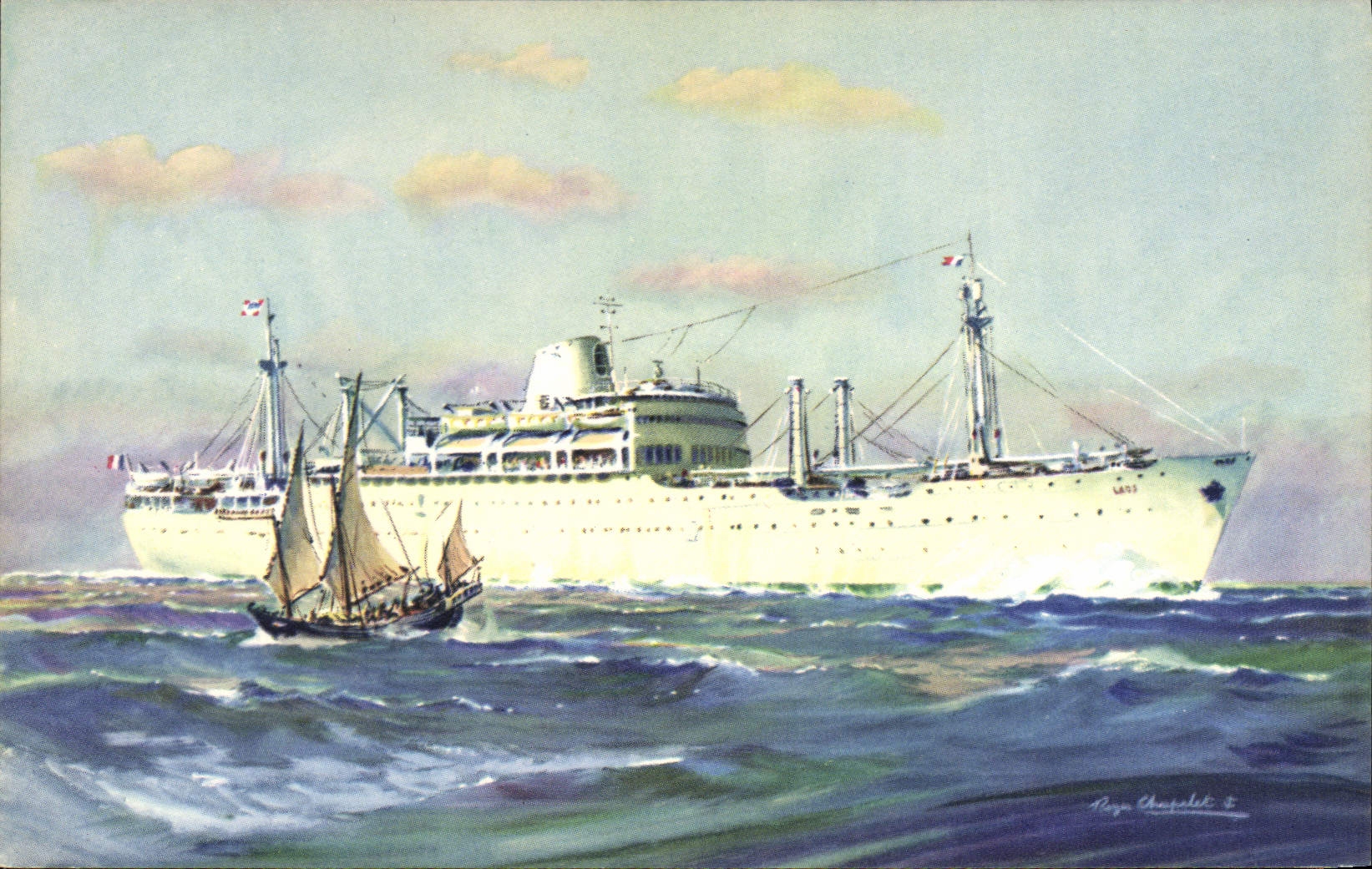 VINTAGE POSTCARD Boat Company of the maritime Transport Laos