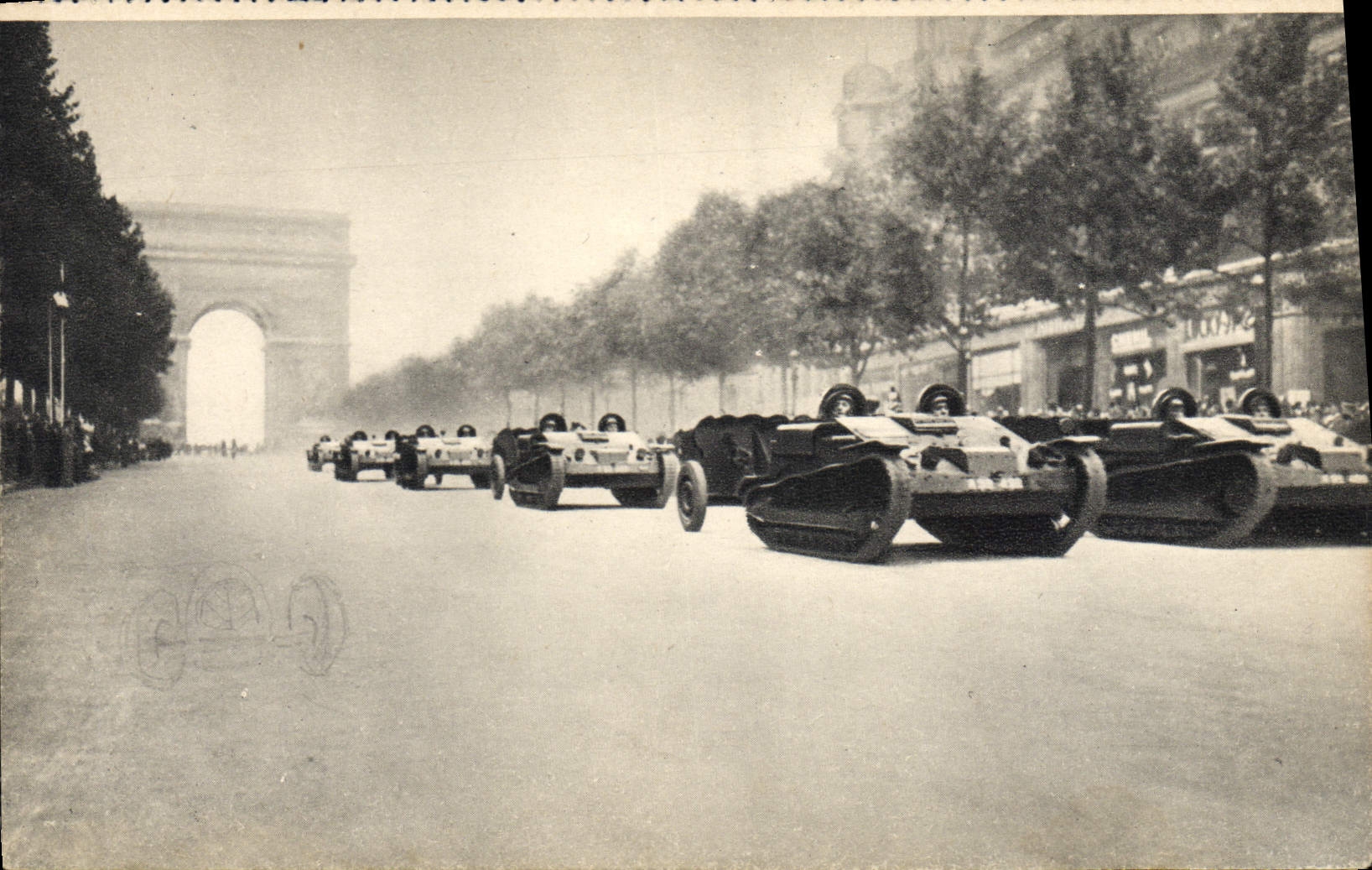 Champs Elysées de París del tanque de Militaria de la POSTAL de la VENDIMIA