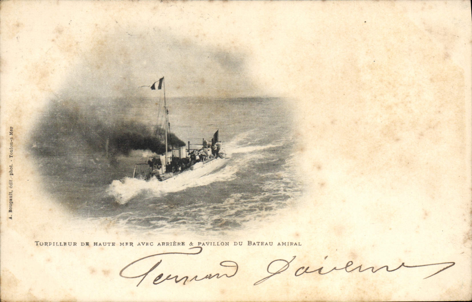 VINTAGE POSTCARD Boat War Destroyer of open sea with postponed and house of the flagship