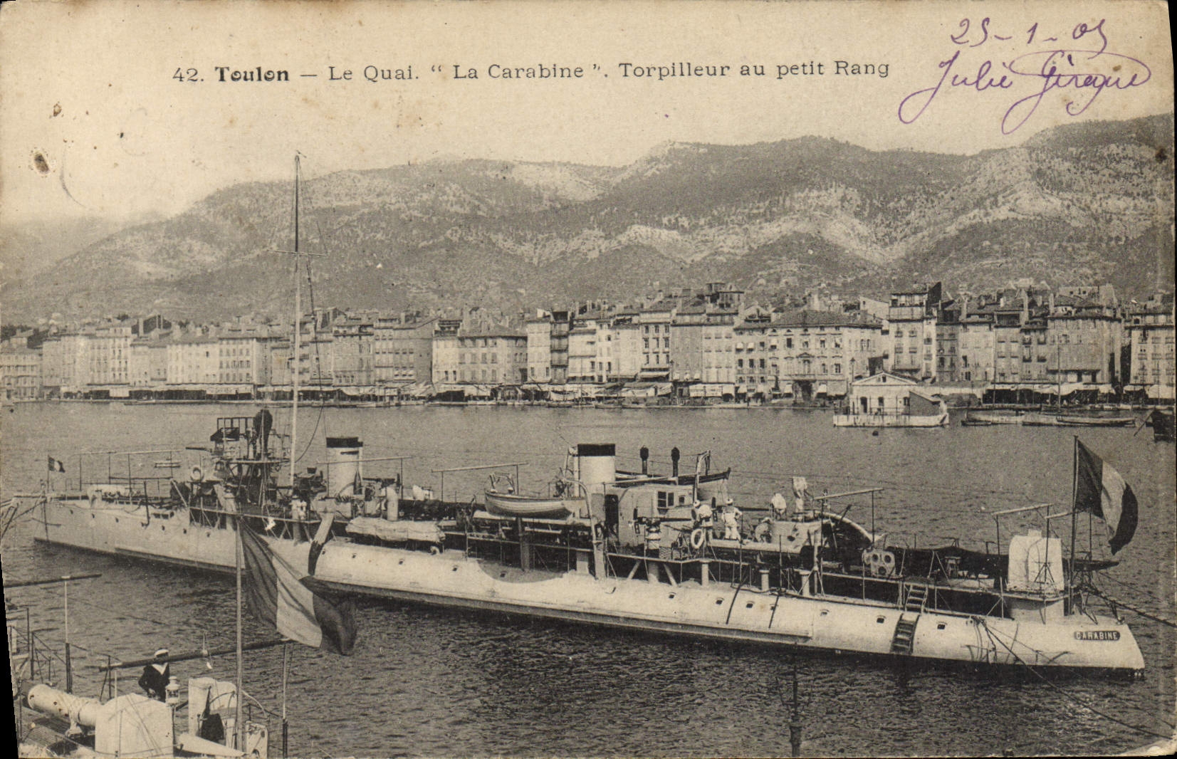 VINTAGE POSTCARD Boat Toulon War the quay the Rifle Destroyer with the small row