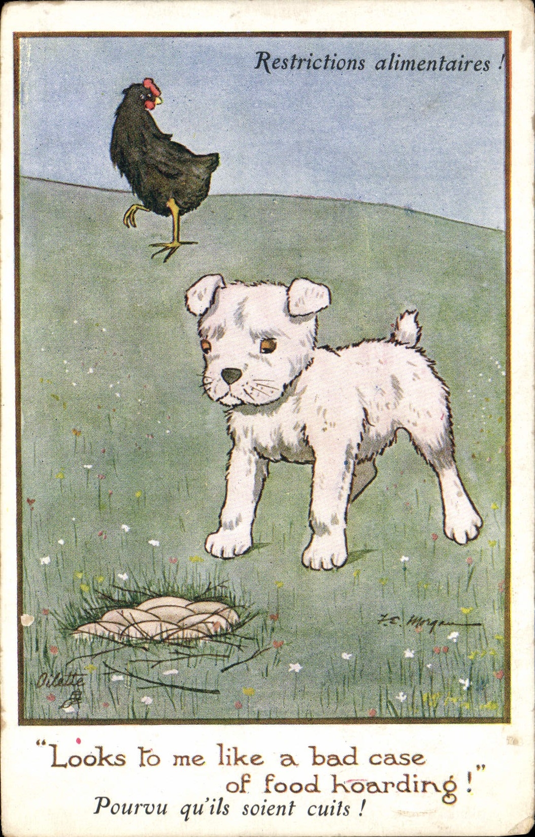 CPA Illustrateur Chien Poule