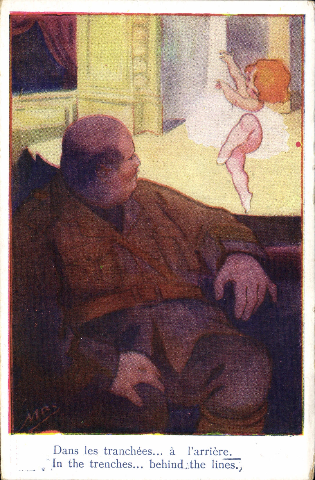 VINTAGE POSTCARD Illustrator In the trenches With the arrear