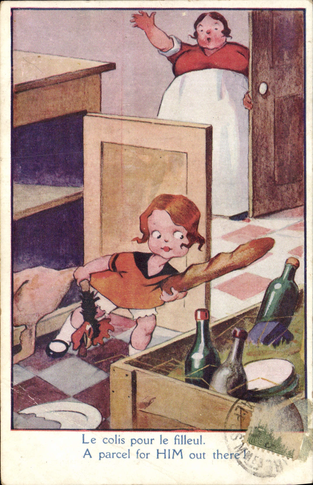 CPA Illustrateur Enfant Le colis pour le filleul