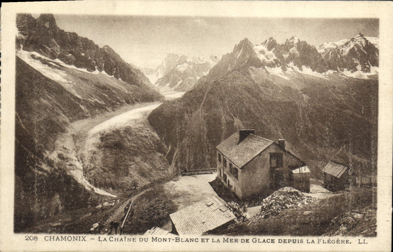 POSTAL Chamonix de la VENDIMIA la cadena de Mont Blanc y mar del hielo desde Flegere