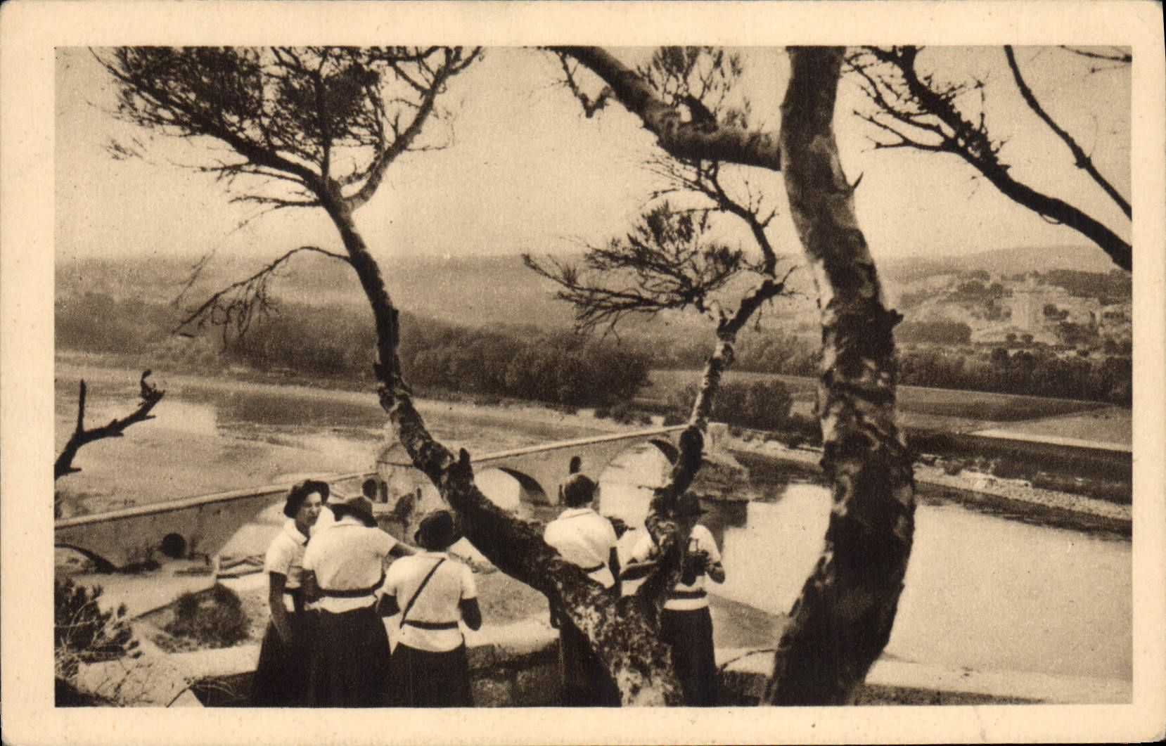 VINTAGE POSTCARD Scout Jamboree Scouting girl guides in excursion the bridge Of Avignon