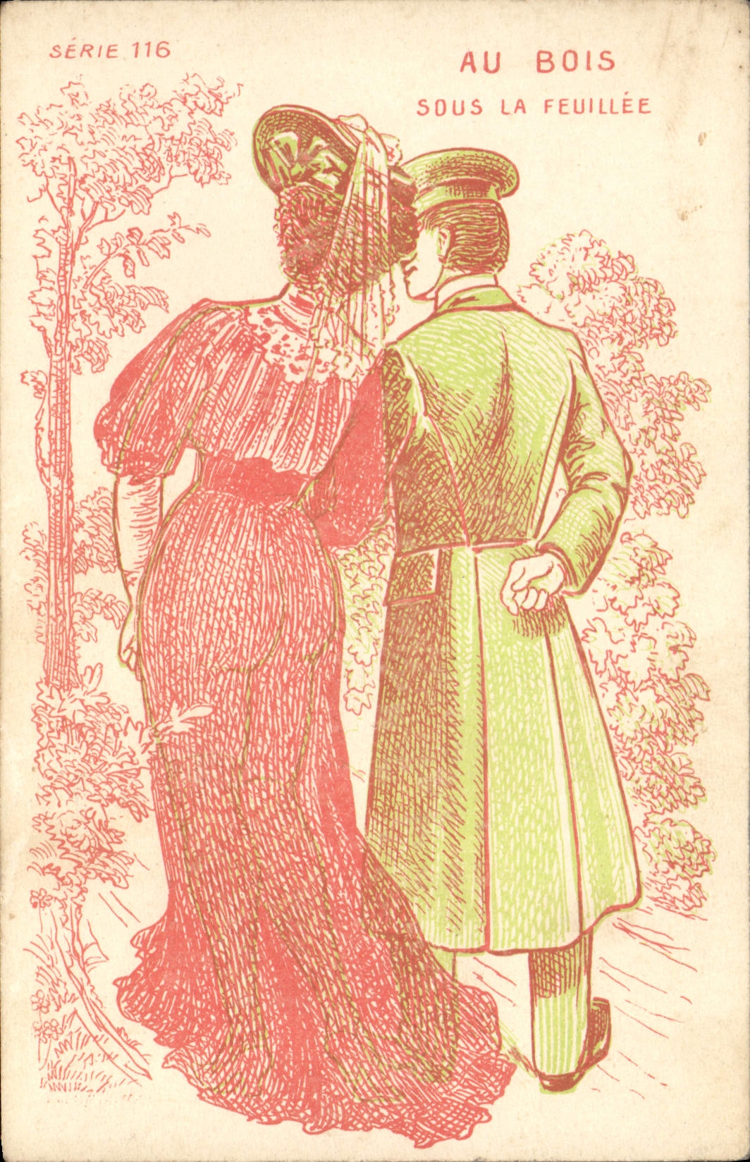 VINTAGE POSTCARD Naked erotic Woman With wood under the feuillee