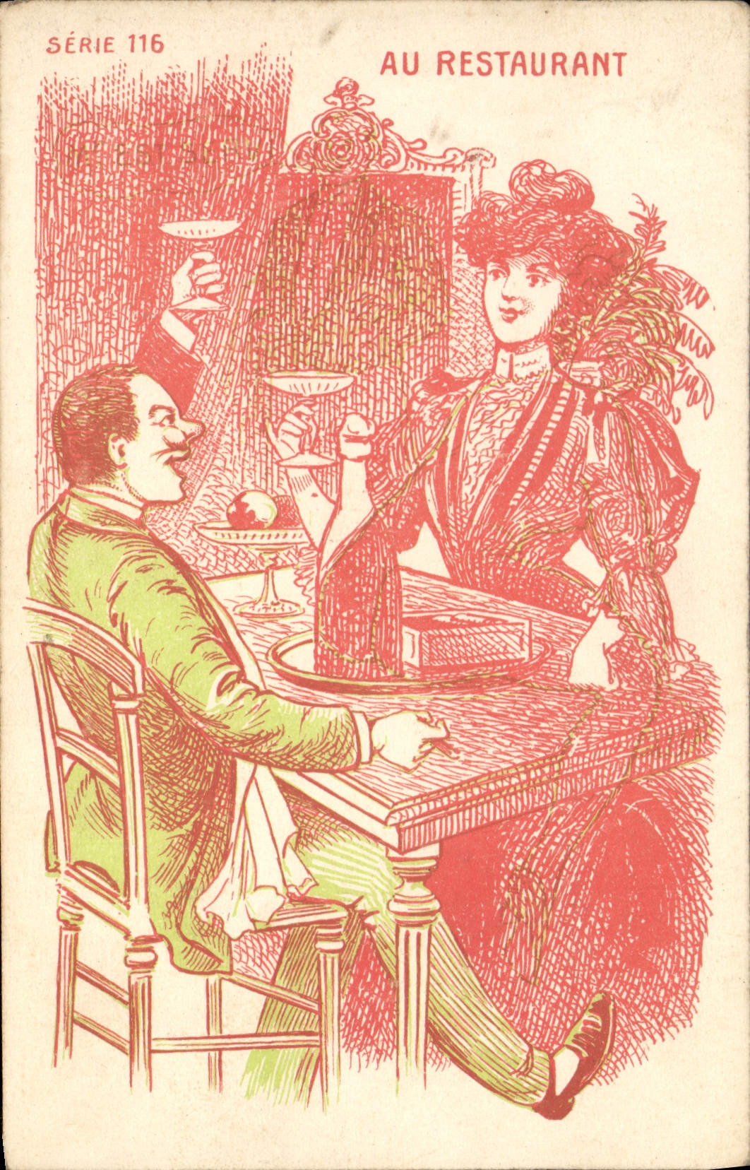 VINTAGE POSTCARD Naked erotic Woman At the restaurant