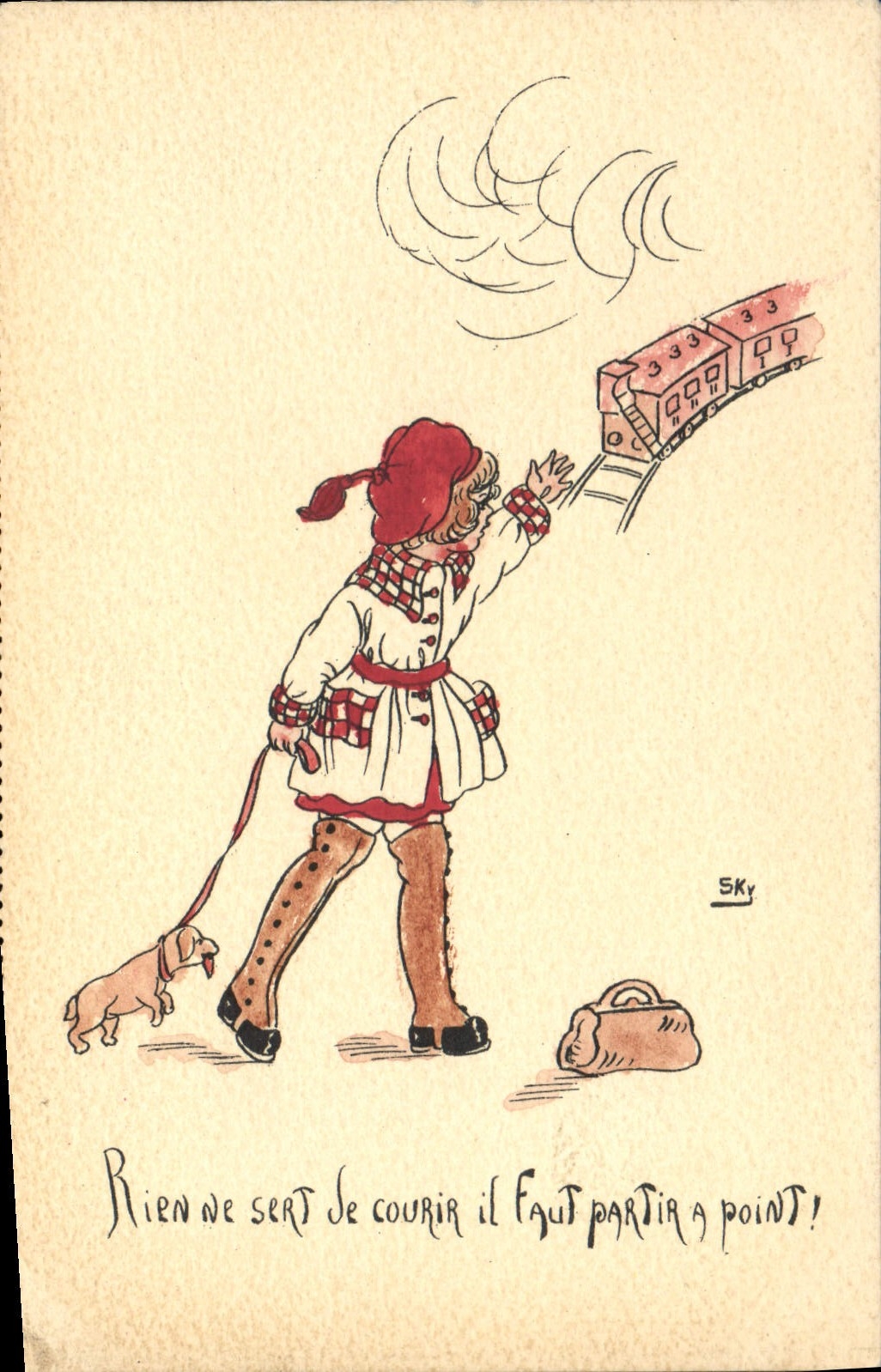 VINTAGE POSTCARD Fantasy Illustrator Child Train Dog