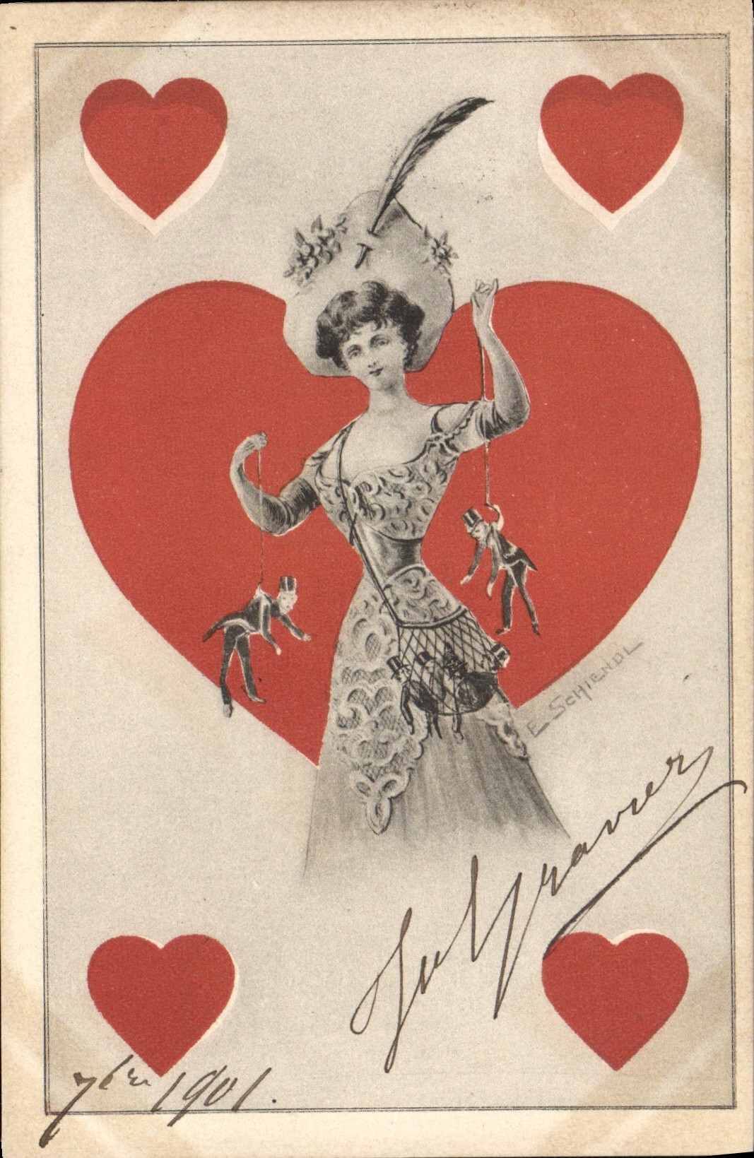 CPA Fantaisie Illustrateur Femme Coeur 