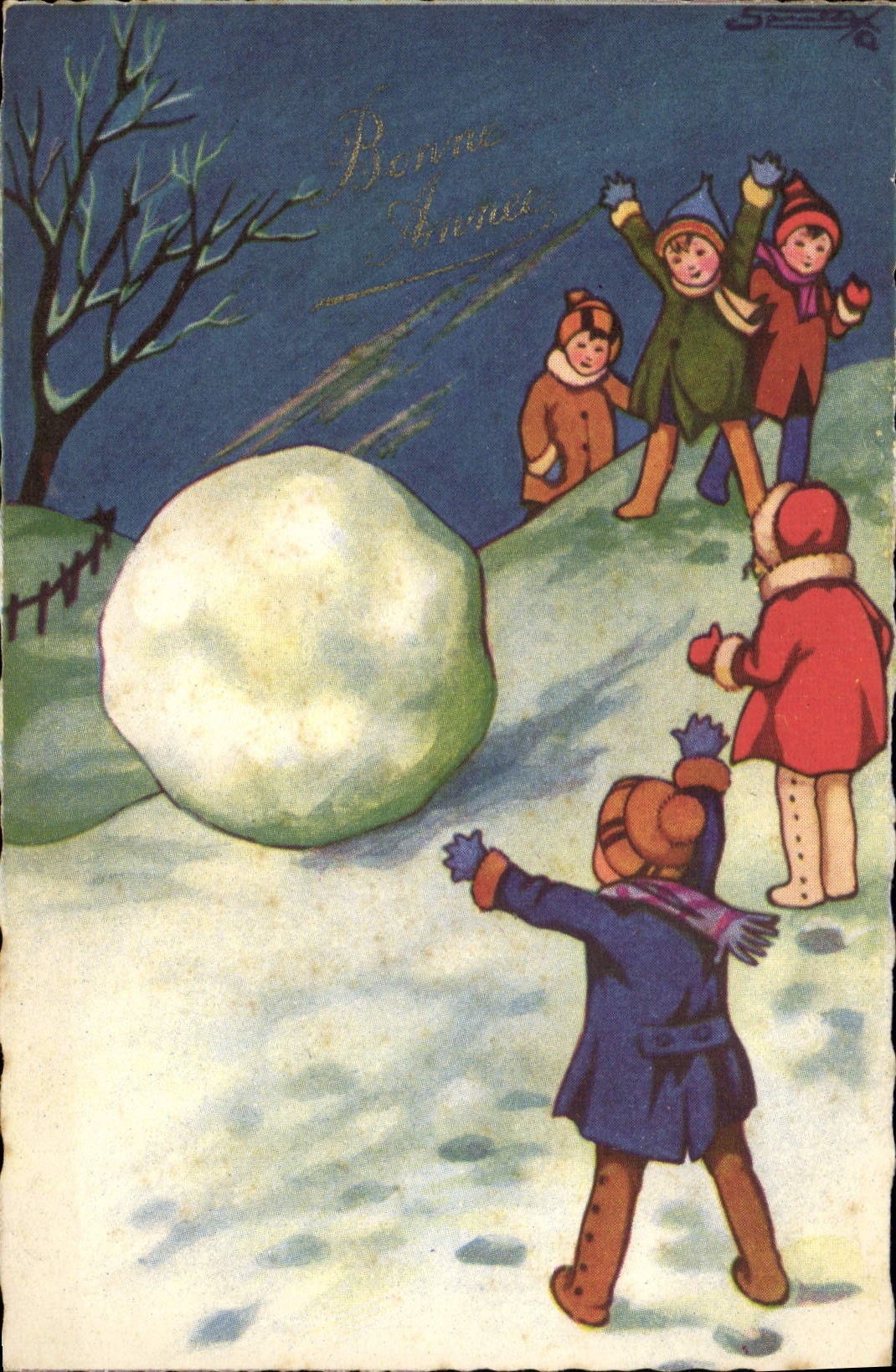 VINTAGE POSTCARD Fantasy Illustrator Children Snowball