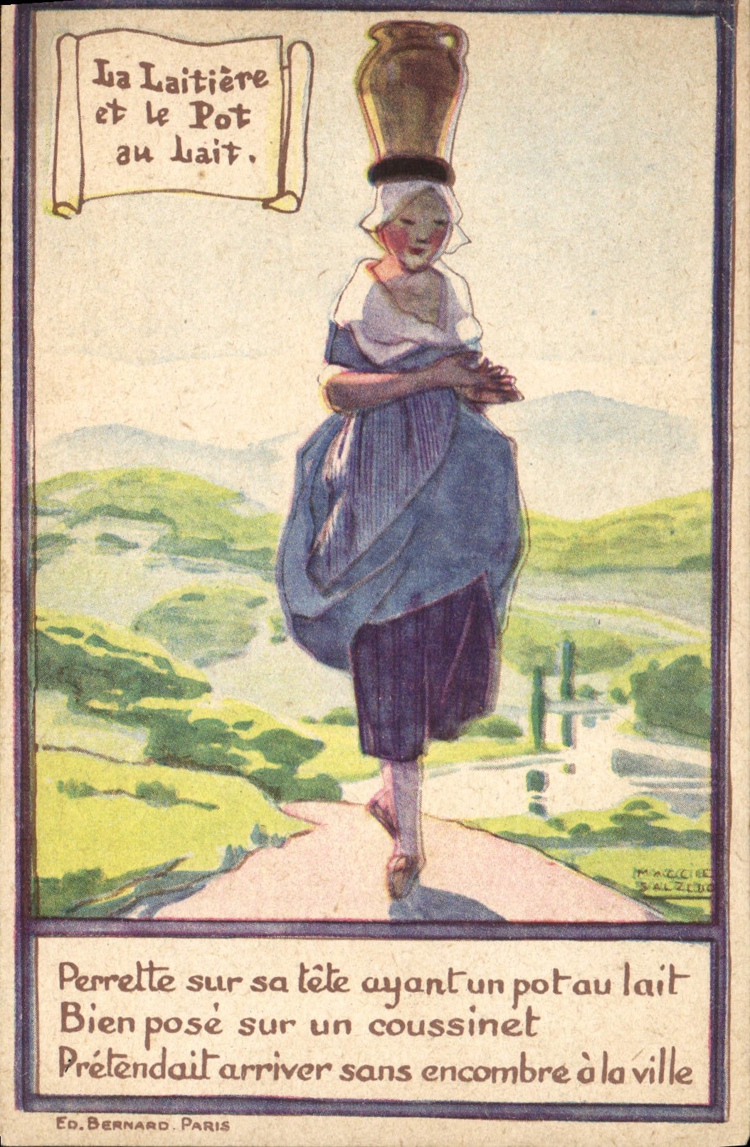 VINTAGE POSTCARD Fantasy Illustrator the laitiere and the pot with the lati