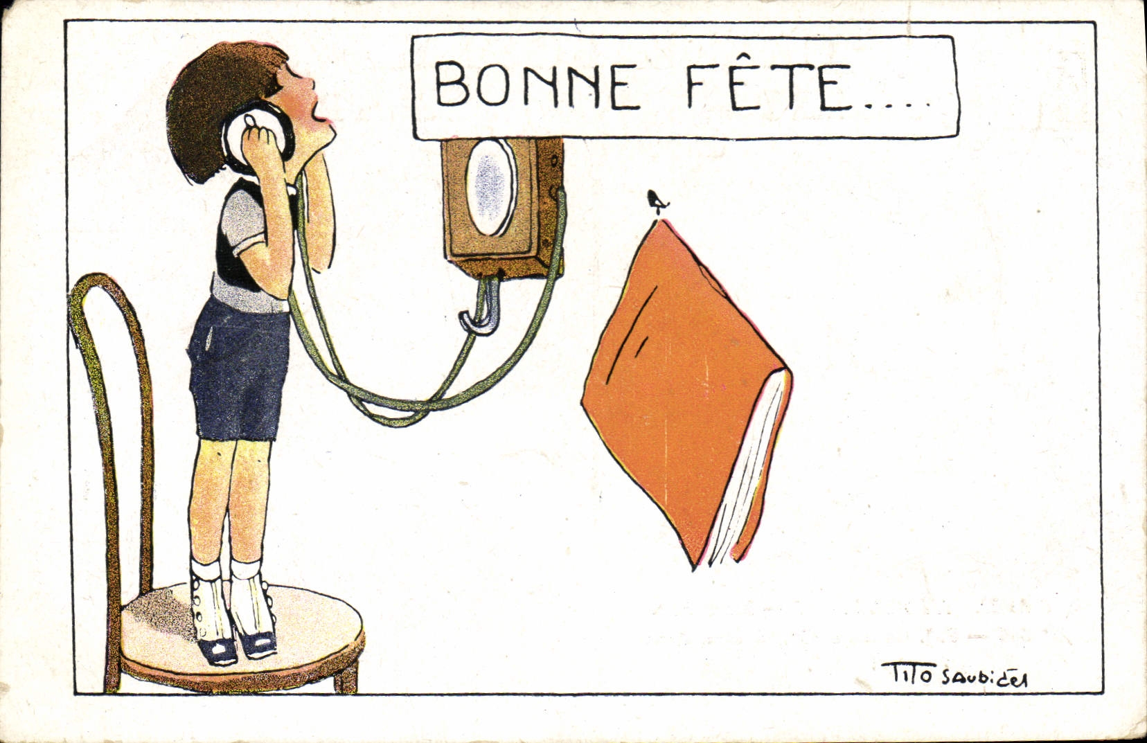 VINTAGE POSTCARD Fantaisie Illustrator Child Telephones