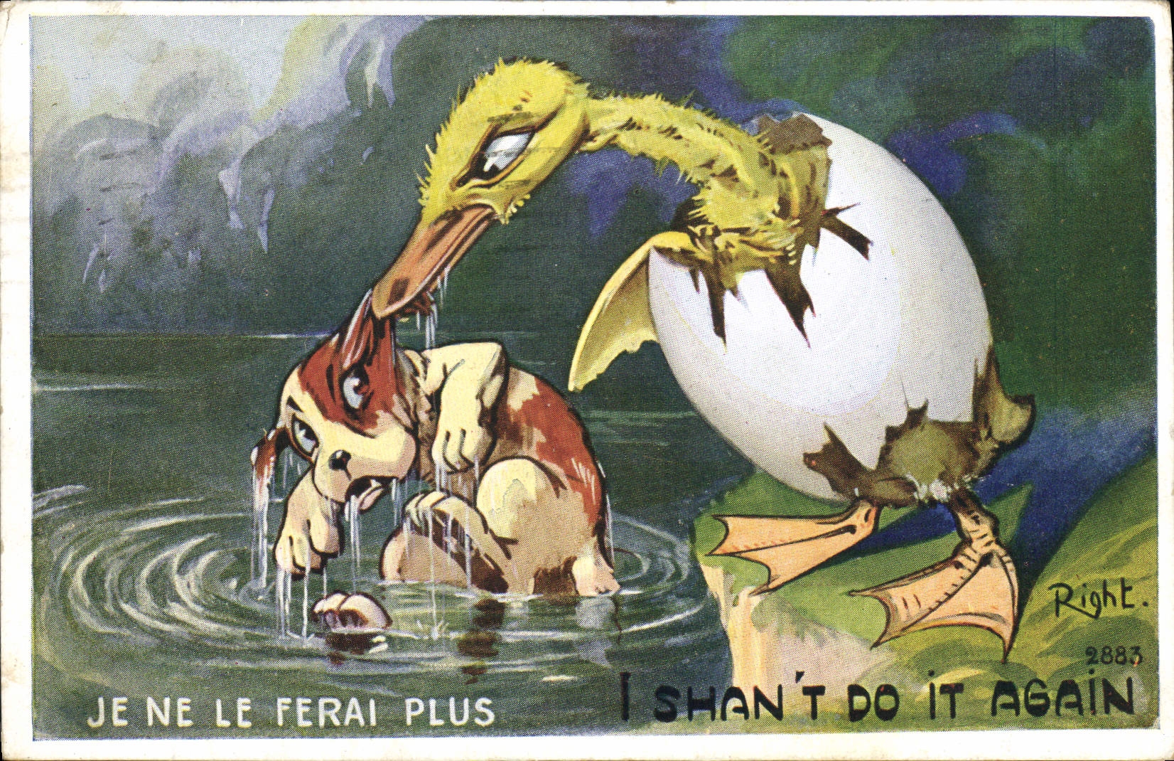 VINTAGE POSTCARD Fantasy Illustrator Duck Dog Right egg