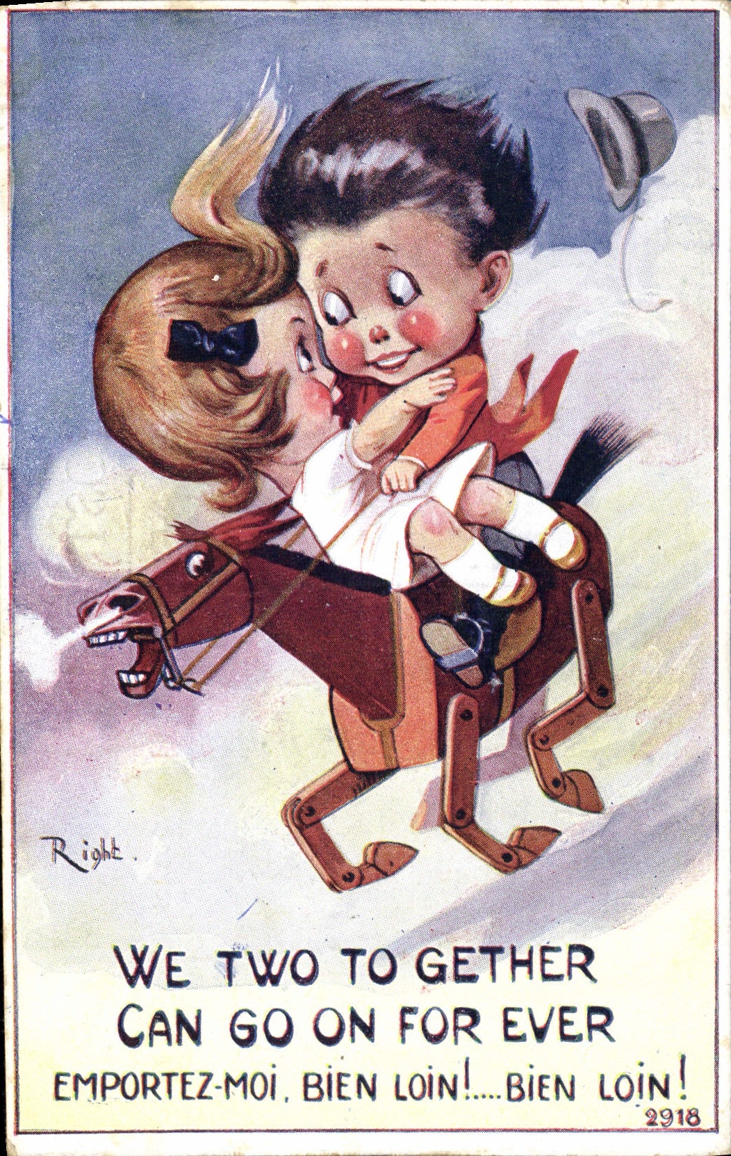 Los niños del ilustrador de la fantasía de la POSTAL de la VENDIMIA enderezan el caballo