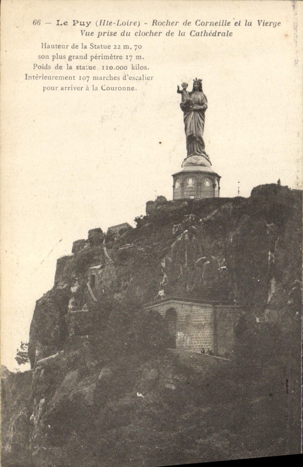VINTAGE POSTCARD Puy Rock of Crow and the Virgin Seen from of the bell-tower of the cathedral