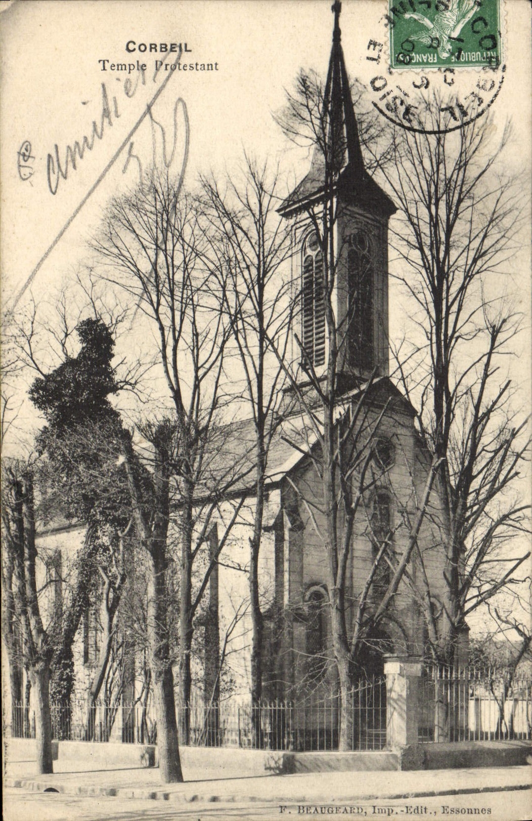 Templo del Protestant de Corveil de la POSTAL de la VENDIMIA