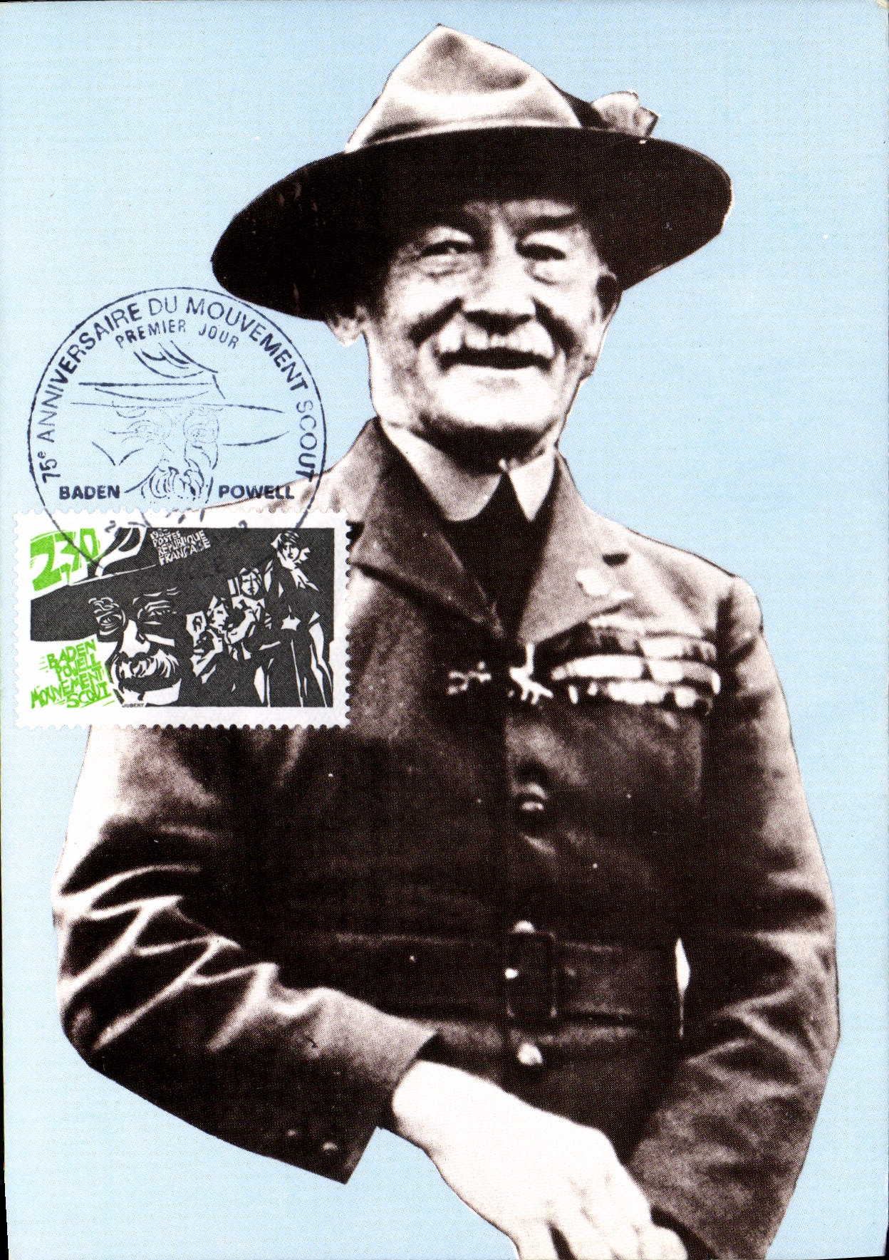 Señor Baden Powell y el movimiento del Jamboree del explorador de la POSTAL de la VENDIMIA del explorador