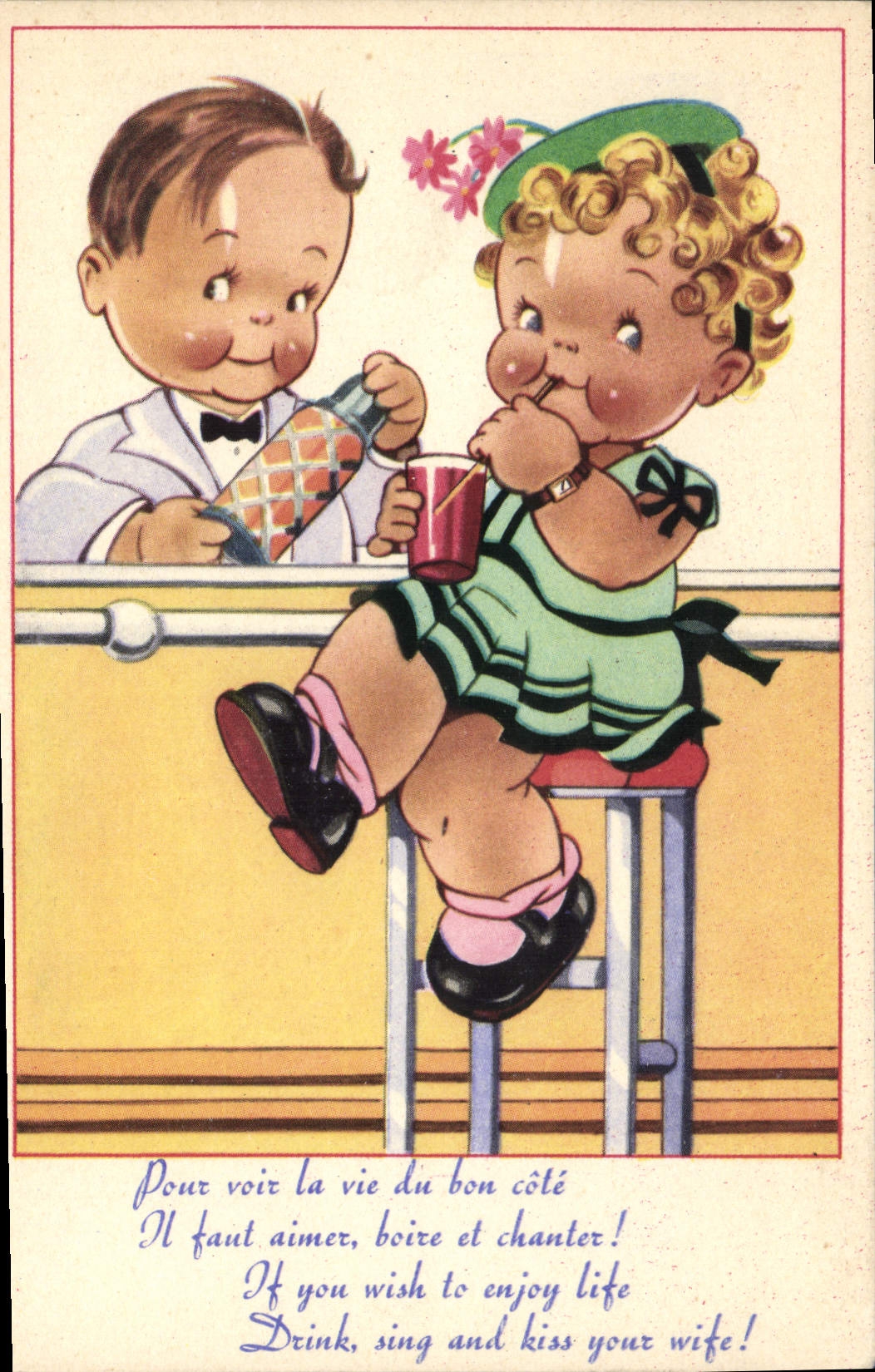 VINTAGE POSTCARD Fantasy Illustrator Children Bar Cocktail