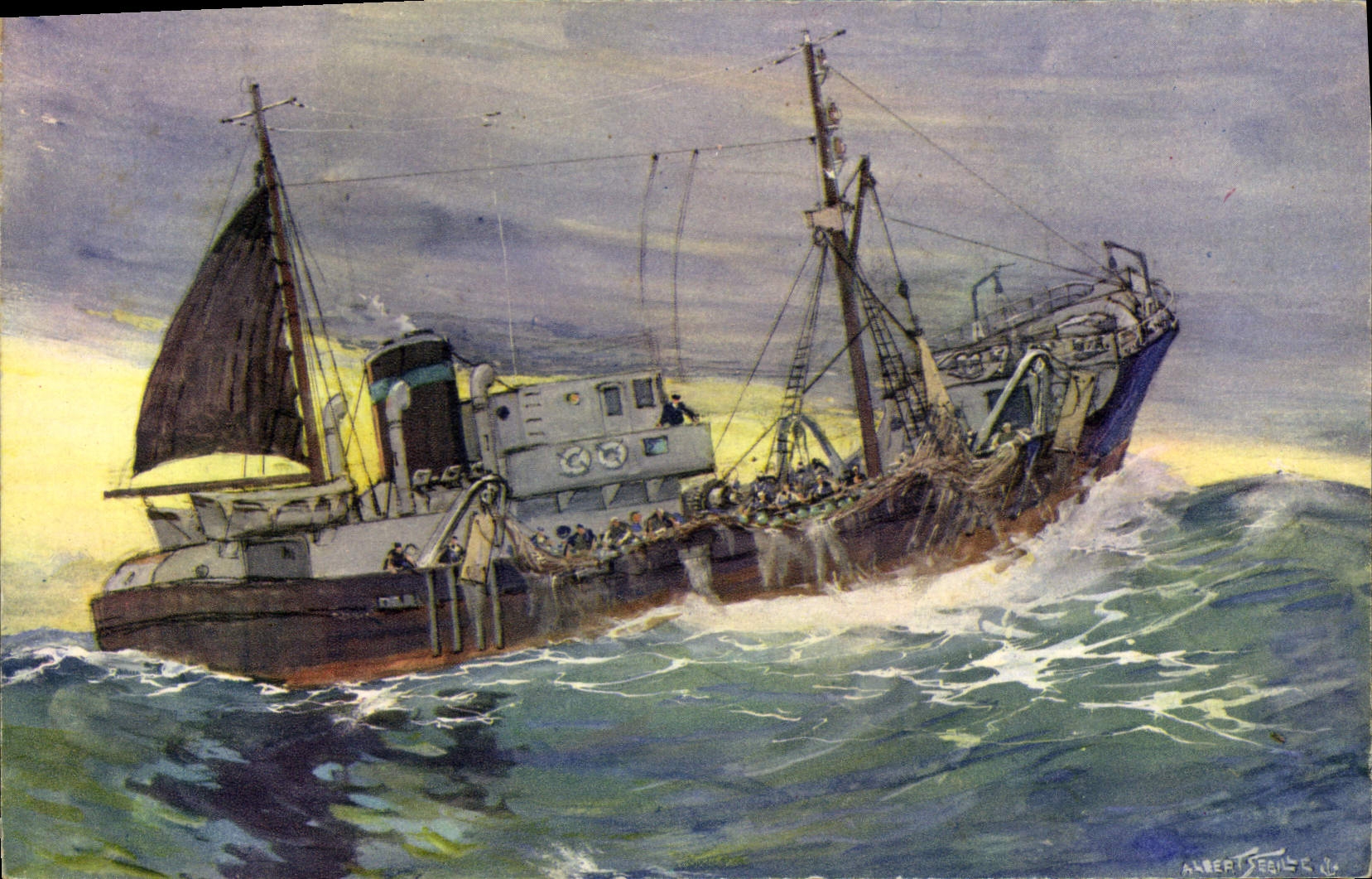 CPA Bateau Chalutier de grande peche ramassant son chalut Sebille 