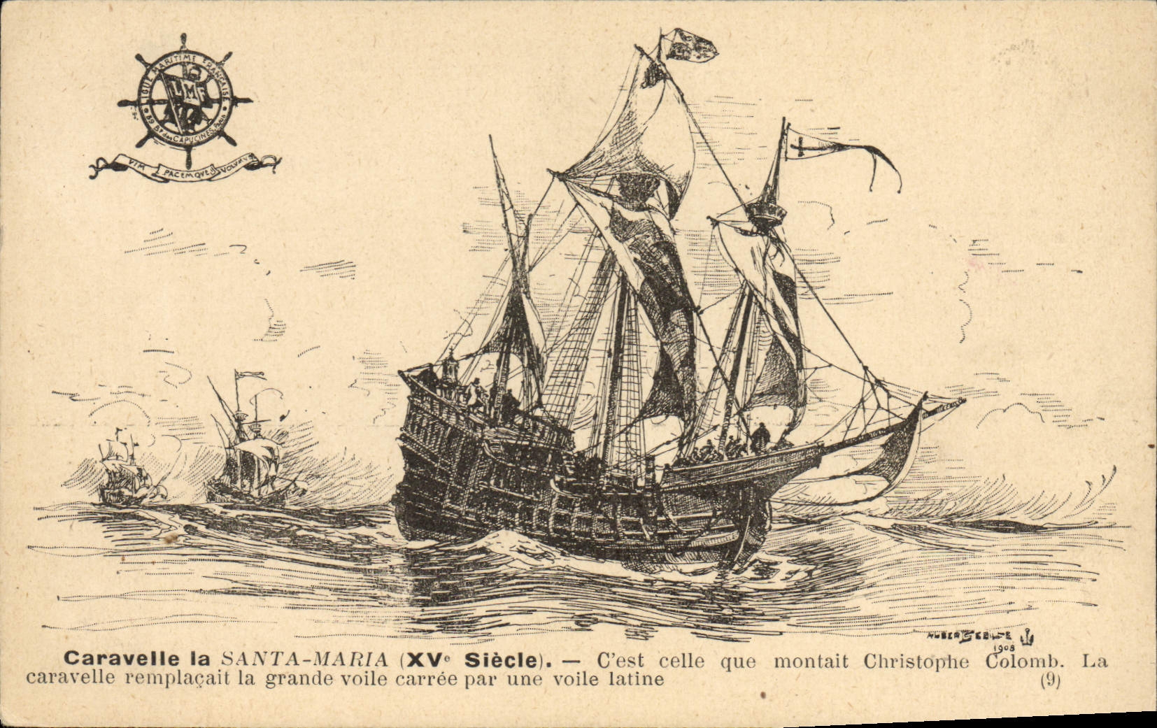 VINTAGE POSTCARD Sailing Boat Caravel Santa Maria Christophe Colomb