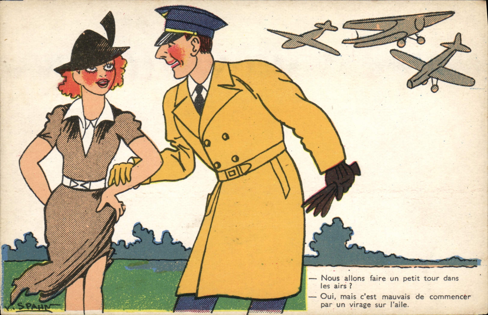 CPA Illustrateur Spahn Pilote Avion