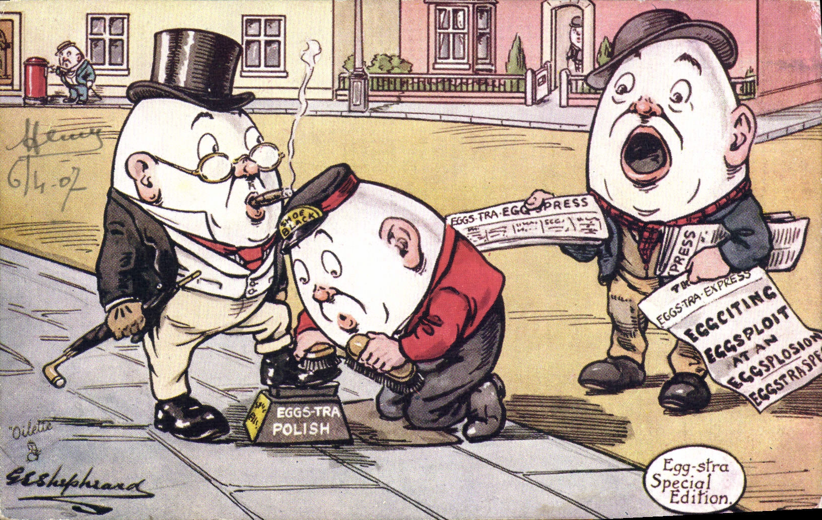 VINTAGE POSTCARD Illustrator Shapleaca Shoeshiner of shoes TOP egg Eggs