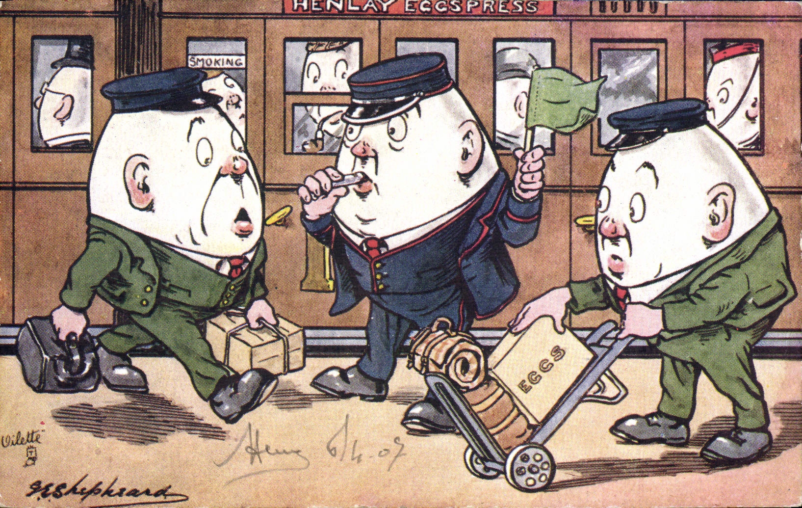 VINTAGE POSTCARD Illustrator Shapleaca Train Luggage handler Egg Eggs